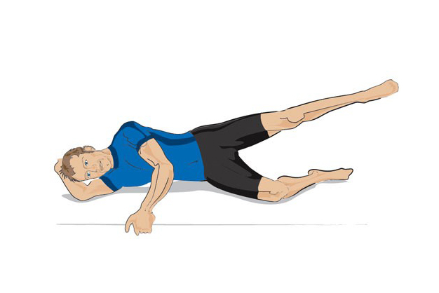 Drawing showing man doing side-lying leg lift, lying on ground with one leg in the air.