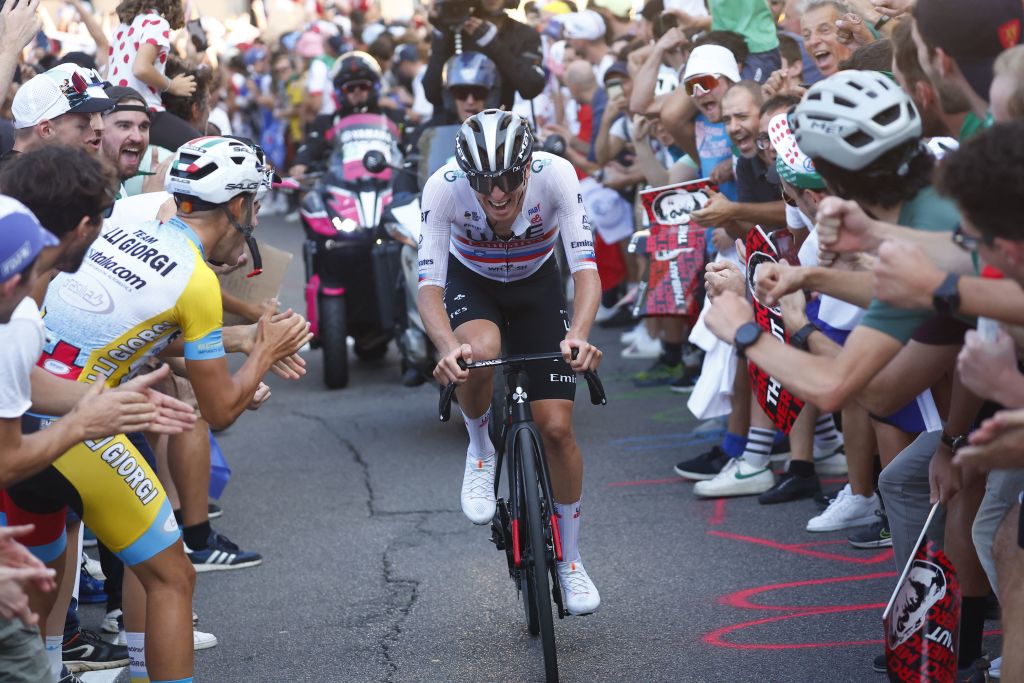 CYCLING-ITA-LOMBARDIA Team UAE Emirates' Slovenian rider Tadej Pogacar cycles at the front of the race in the final kilometers, in Colle Aperto, during the 117th edition of the Giro di Lombardia (Tour of Lombardy), a 238km cycling race from Como to Bergamo on October 7, 2023. (Photo by Luca BETTINI / POOL / AFP) (Photo by LUCA BETTINI/POOL/AFP via Getty Images)