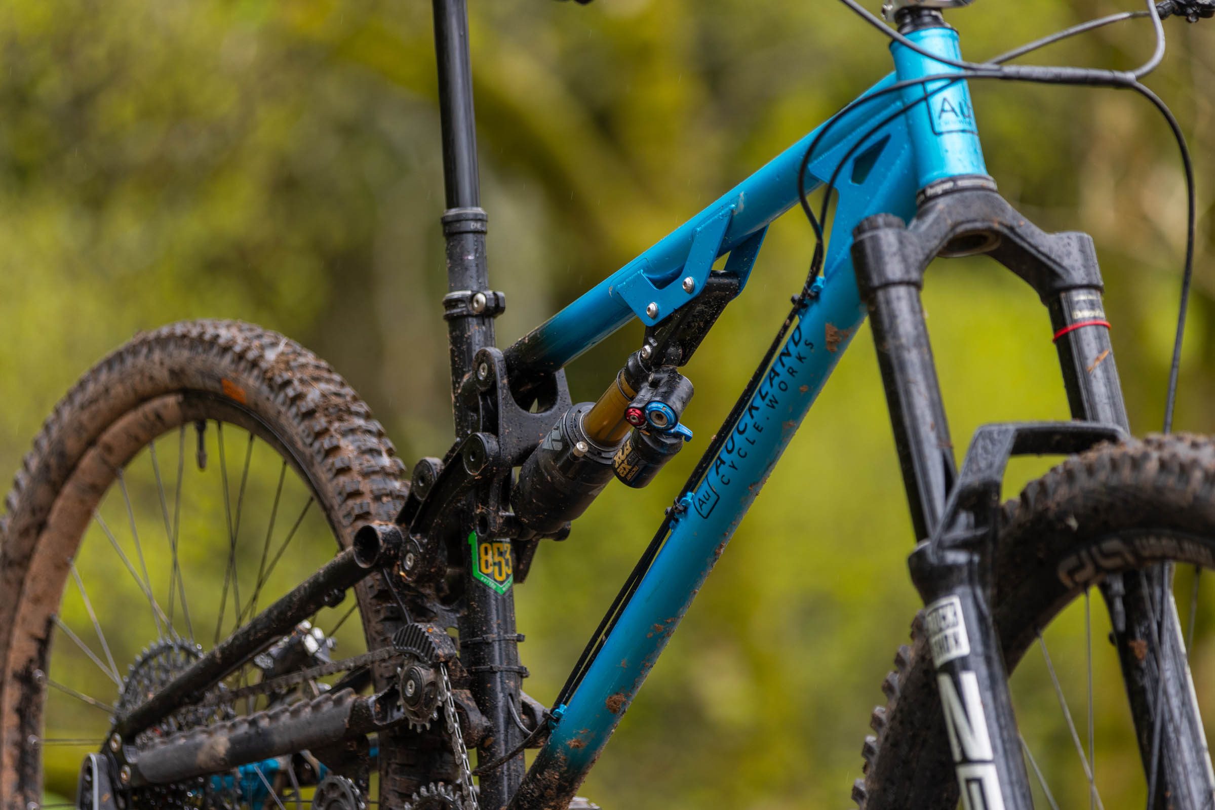Close-up of the Auckland Cycle Works Marra steel frame, shock and linkage with blue custom paint