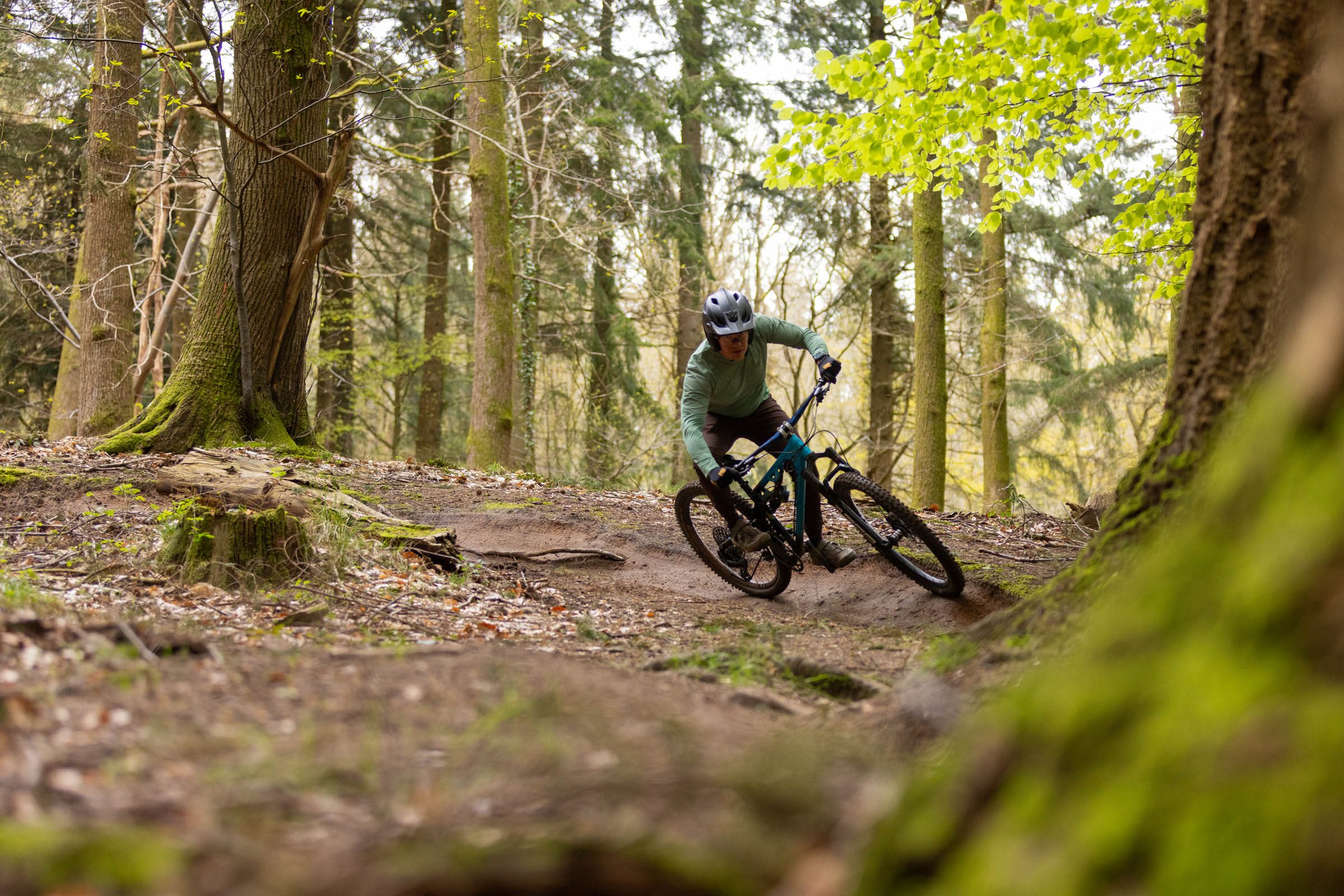 Rider cornering the blue Auckland Cycle Works Marra on a woodland mountain bike trail