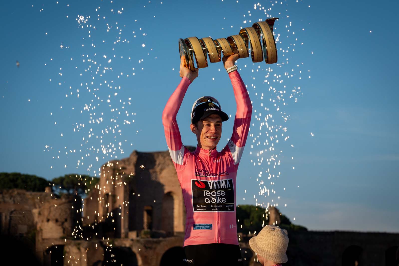 Jonas Vingegaard of Denmark seen during the award ceremony at the 109th Giro d'Italia 2026 Stage 21, a 131km stage from Rome to Rome s' 1289m