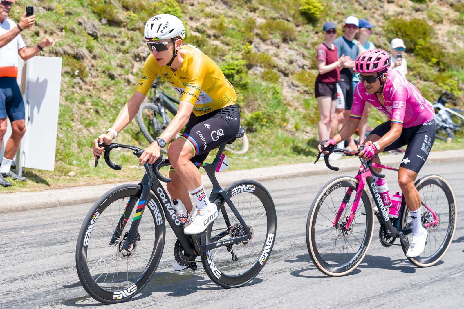 Tadej Pogacar of Slovenia and UAE Team Emirates - XRG (R) Richard Carapaz of Ecuador and EF Education - EasyPost in action during the 89th Tour de Suisse 2026 on June 21, 2026 in Villars-sur-Ollon, Switzerland.