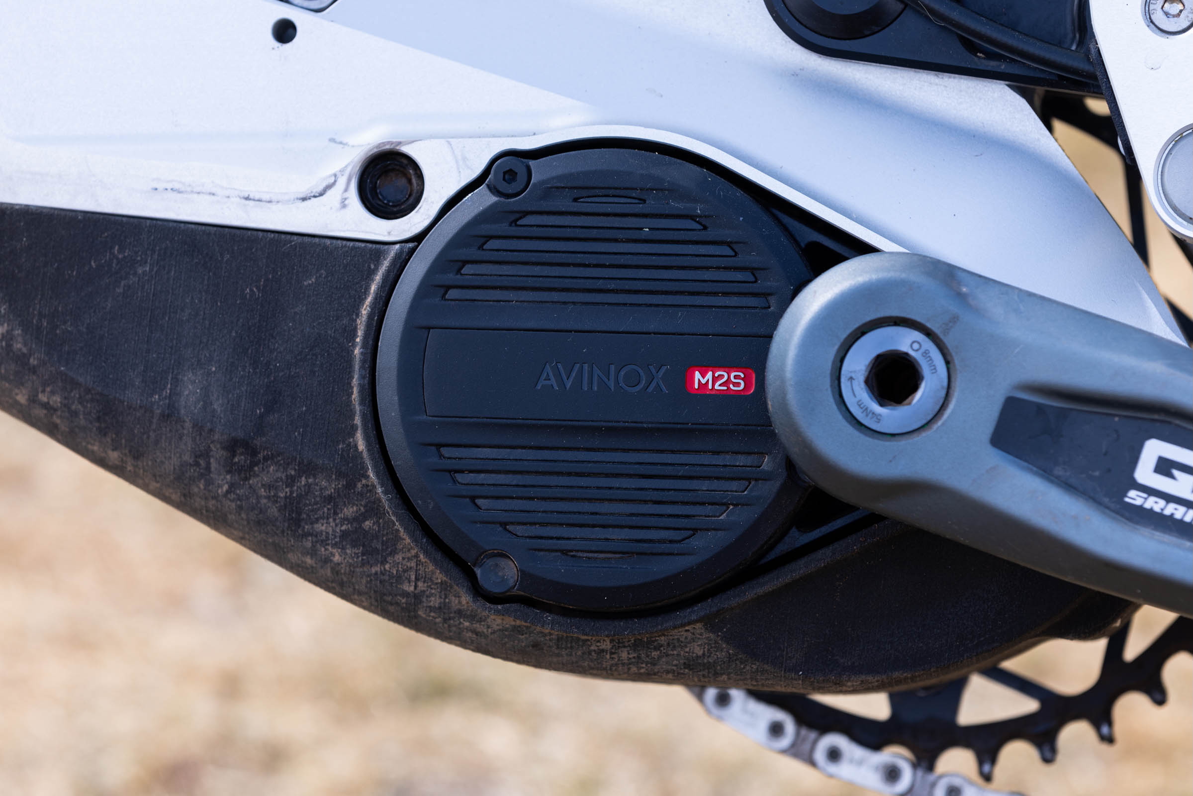 Close-up of the Avinox M2S motor and SRAM crank fitted to the Atherton S.170E.2 eMTB