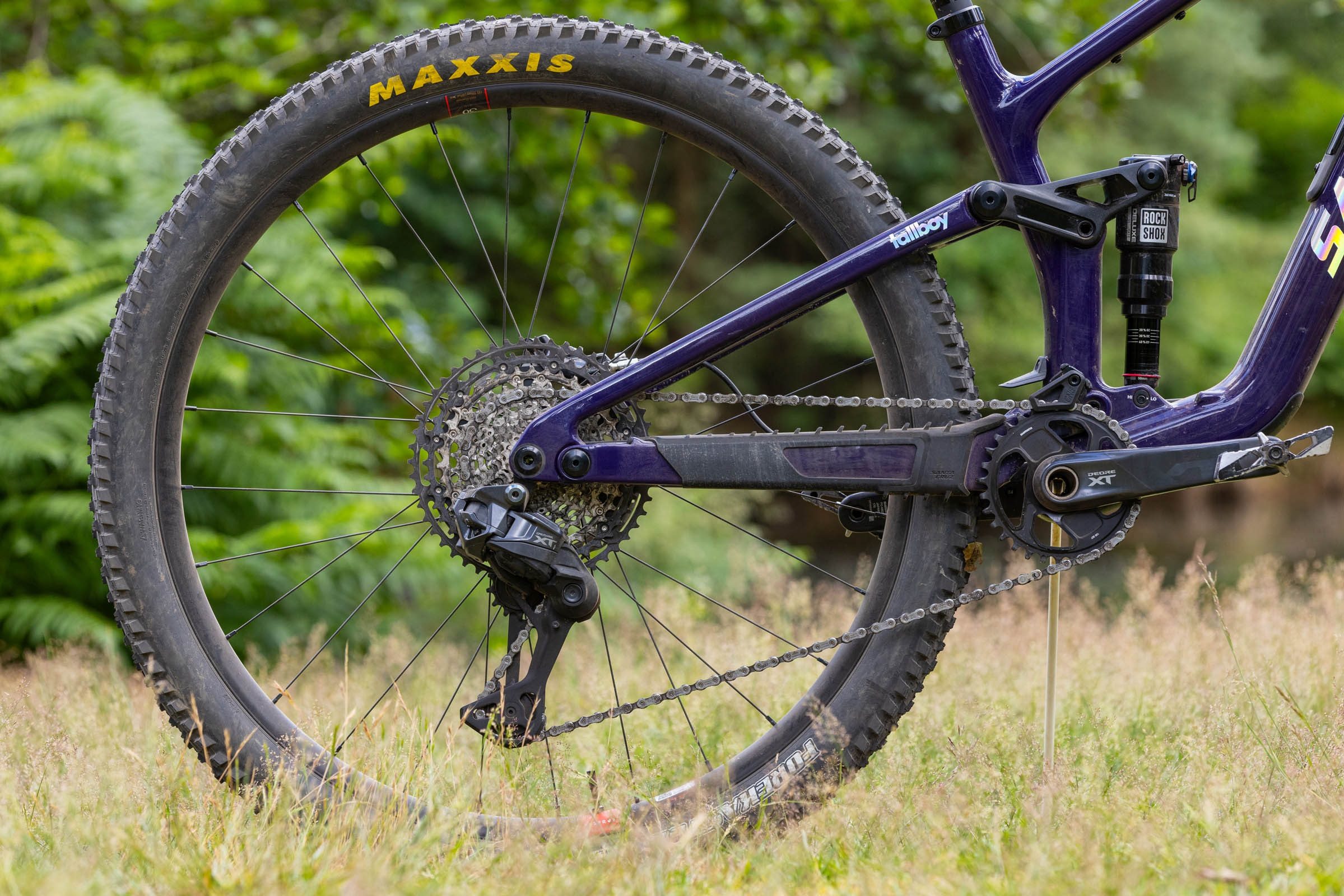 Cropped image showing the rear suspension system of the sixth generation Santa Cruz Tallboy.