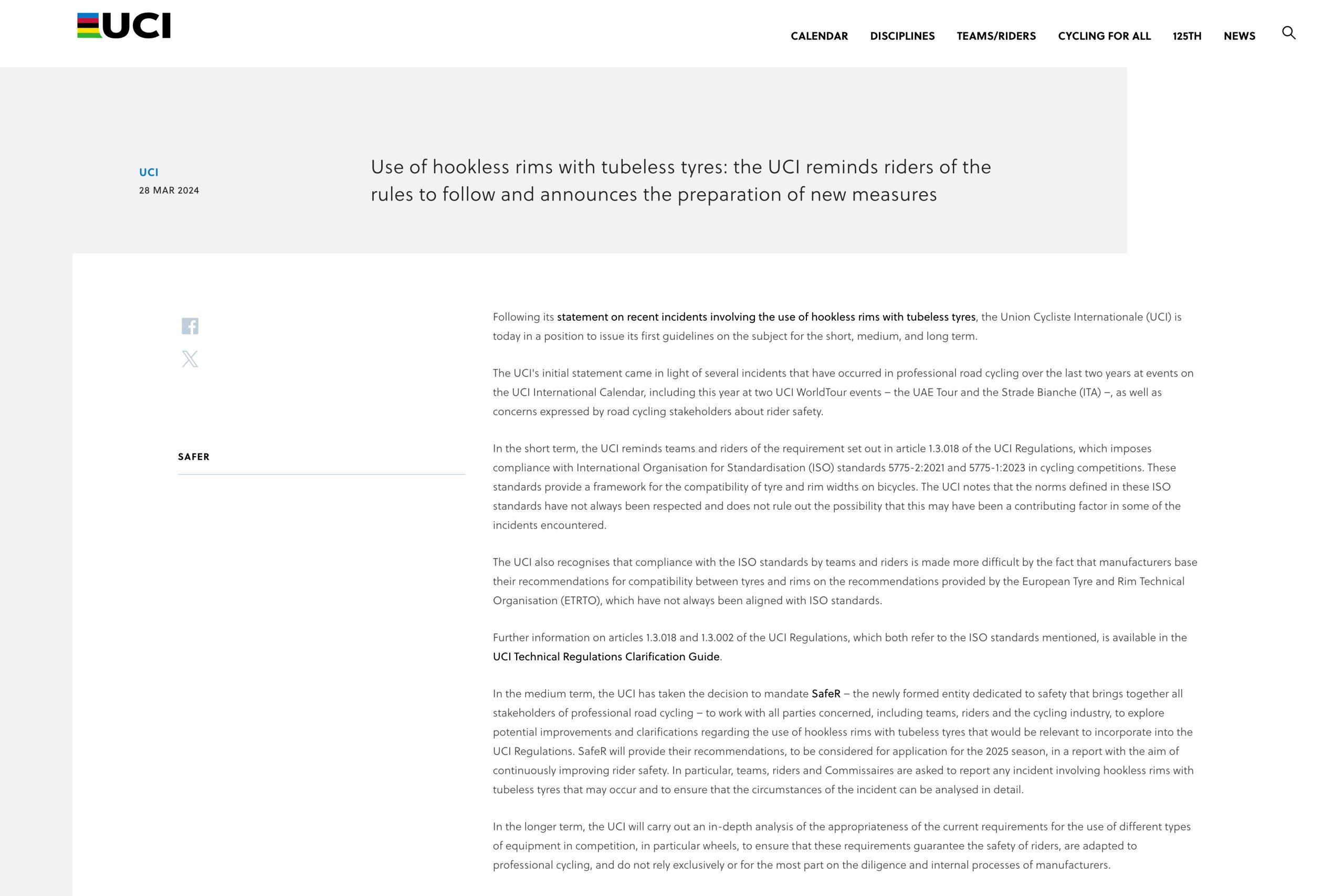 UCI statement on hookless rims