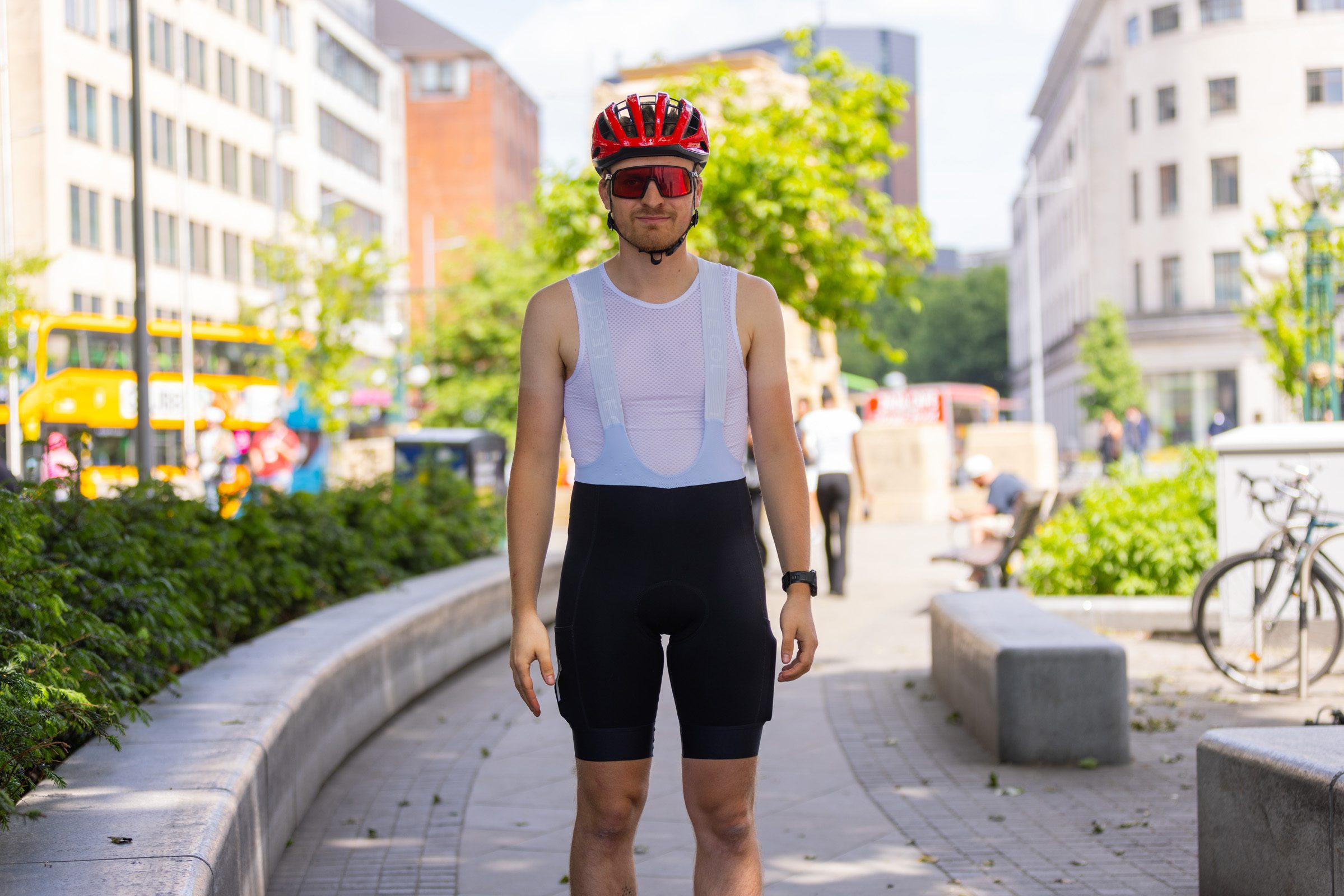 Oscar Huckle modelling Le Col ARC Cargo bib shorts