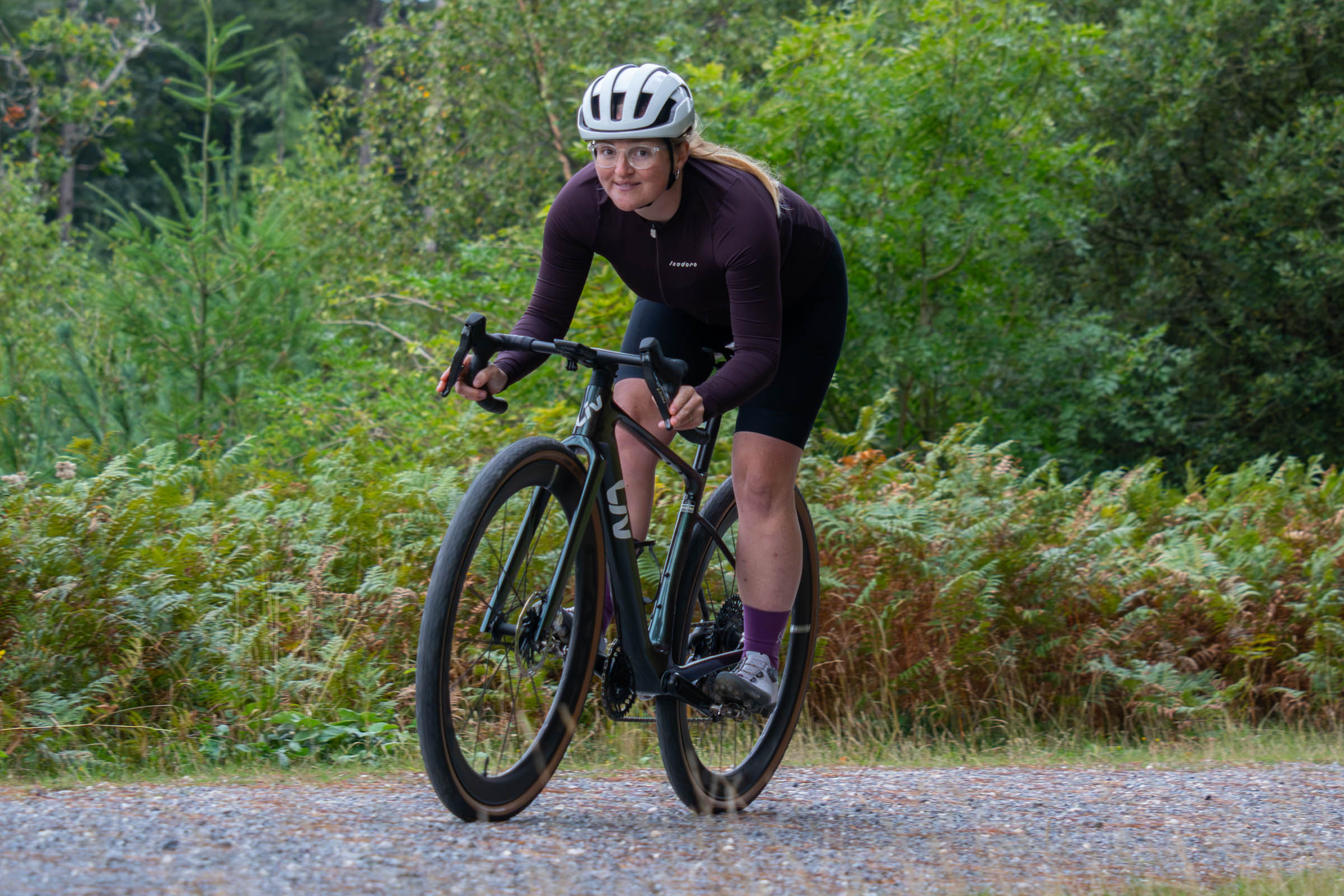 Katherine Moore testing the Liv Devote Advanced SL 0 with SRAM Red AXS