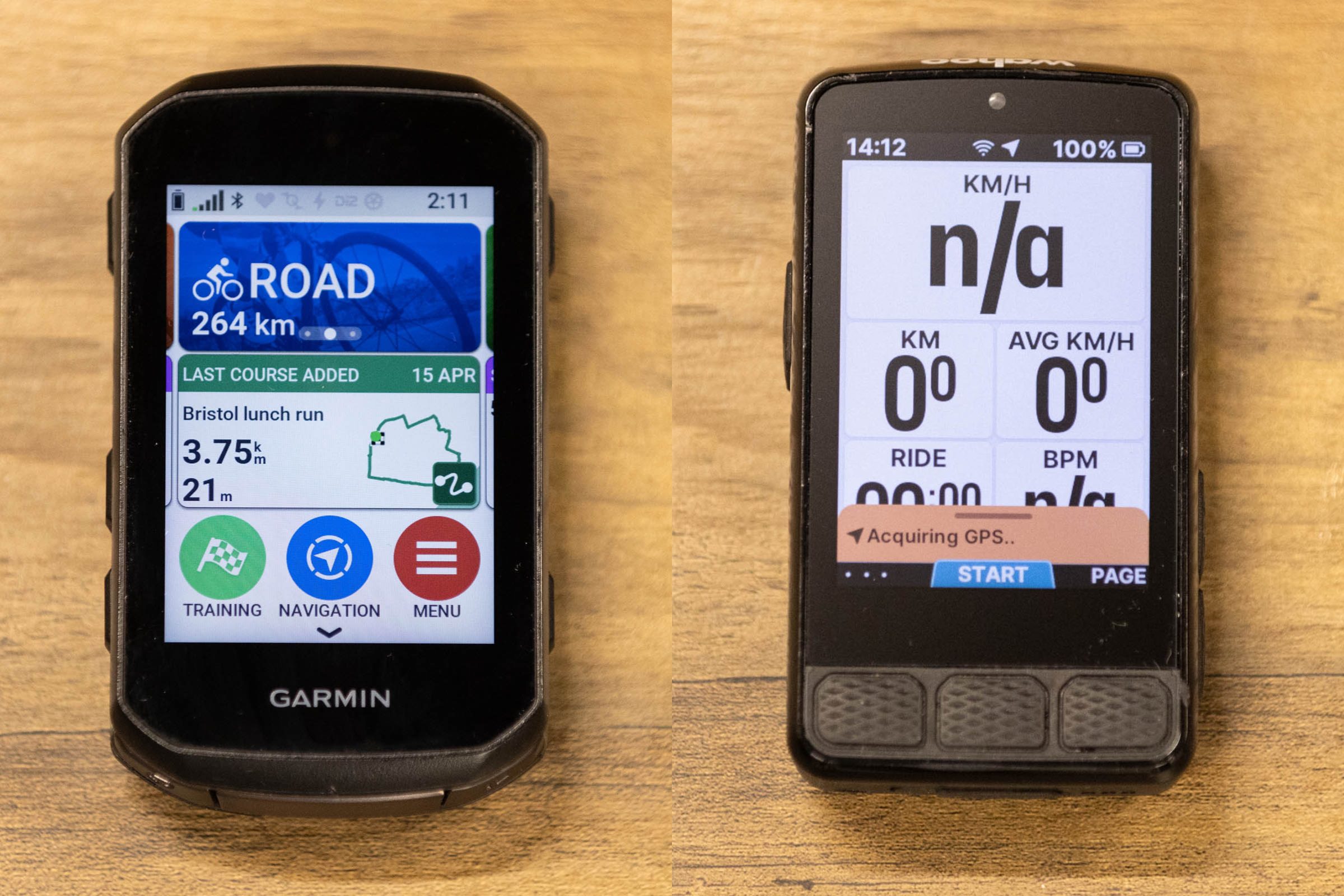 Garmin Edge 850 and Wahoo Elemnt Roam 3 start screens