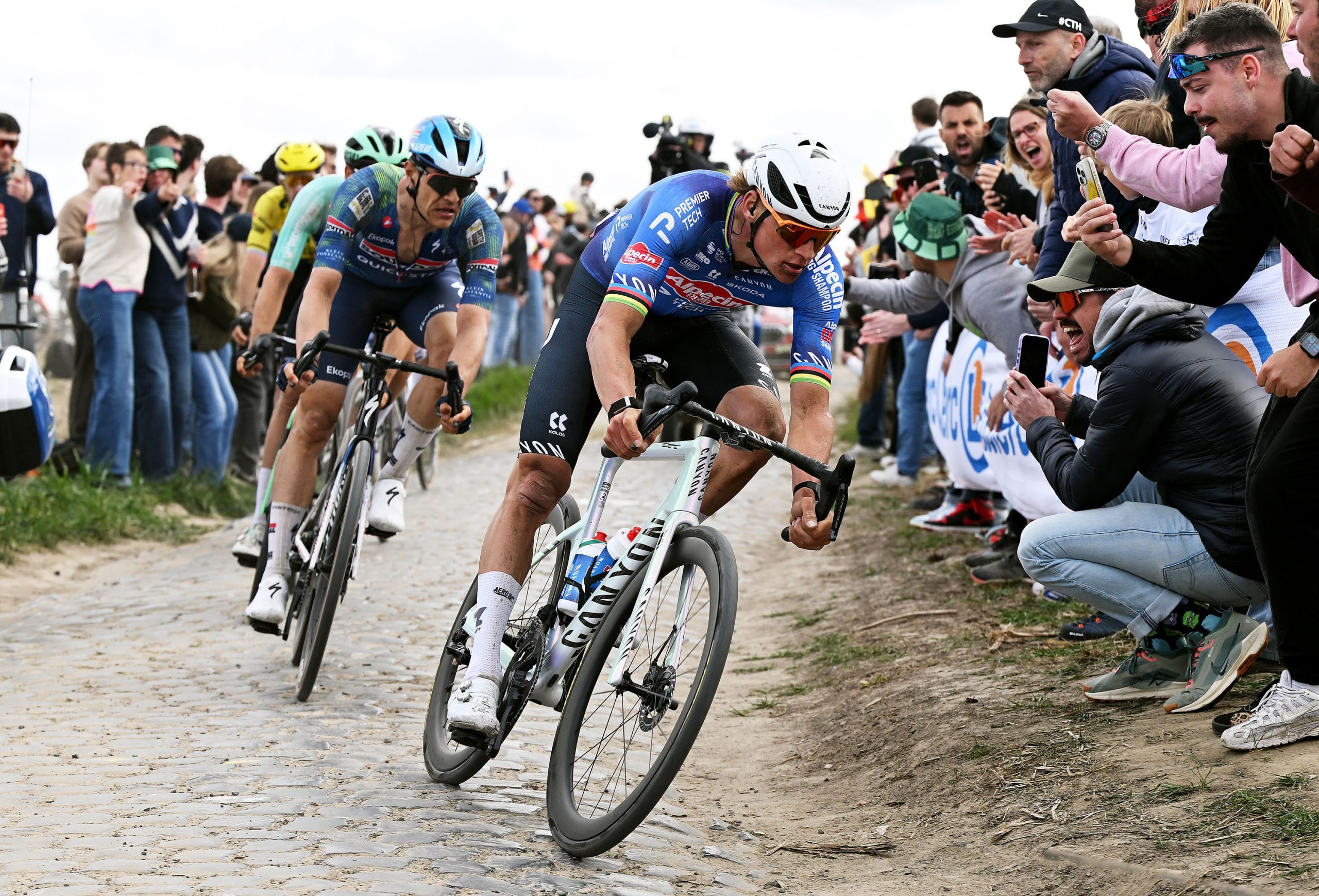 ROUBAIX, FRANCE - APRIL 12: (L-R) Jasper Stuyven of Belgium and Team Soudal Quick-Step and Mathieu van der Poel of Netherlands and Team Alpecin-Premier Tech compete in the chase group during the 123rd Paris-Roubaix Hauts-de-France 2026 - Men's Elite a 258.3km one day race from Compiegne to Roubaix / #UCIWT / on April 12, 2026 in Roubaix, France. (Photo by Dario Belingheri/Getty Images)