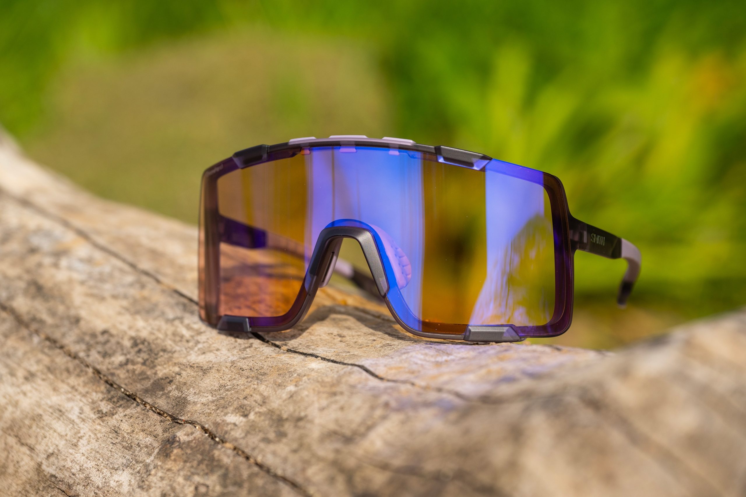 Smith Syncline glasses sitting on a log.