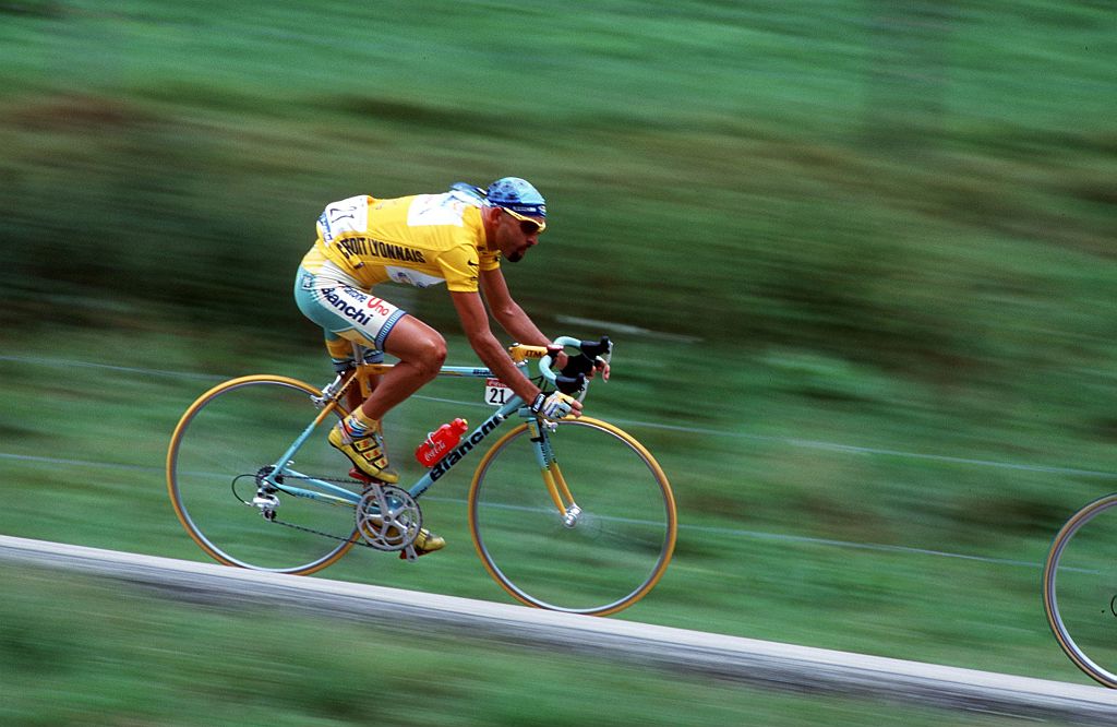Italian rider Marco Pantani sports the yellow jersey during the 16th stage of the 1998 Tour de France. (Photo by Franck Seguin/Corbis/VCG via Getty Images)