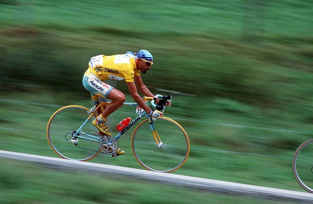 Italian rider Marco Pantani sports the yellow jersey during the 16th stage of the 1998 Tour de France. (Photo by Franck Seguin/Corbis/VCG via Getty Images)