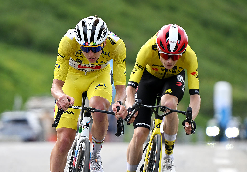 Tadej Pogacar and Jonas Vingegaard at the 2025 Criterium du Dauphine