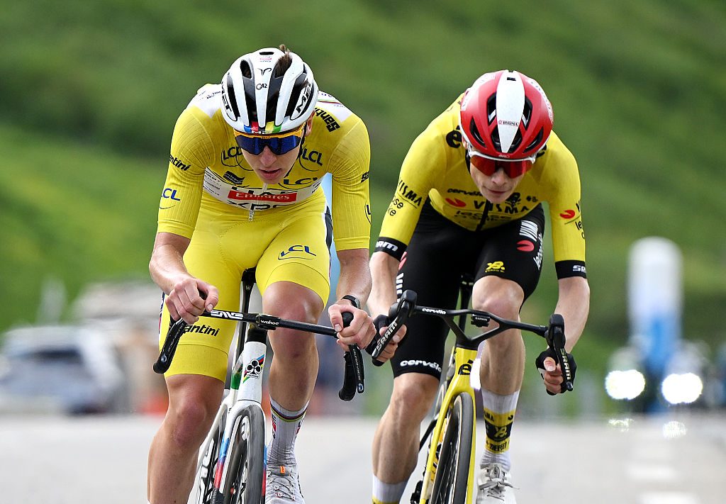 Tadej Pogacar and Jonas Vingegaard at the 2025 Criterium du Dauphine