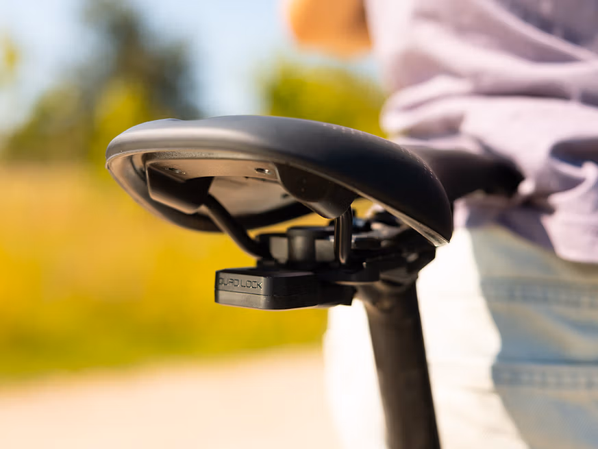 Quad Lock Bike Alarm & Finder on saddle rail