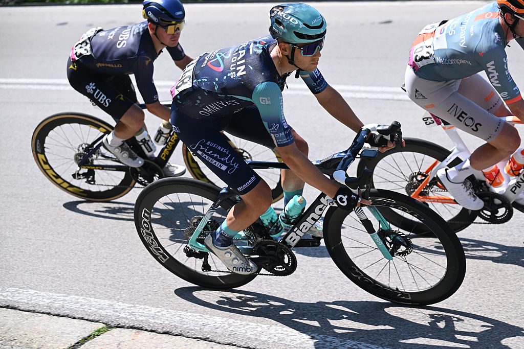 Bahrain Victorious rider on Bianchi road bike.