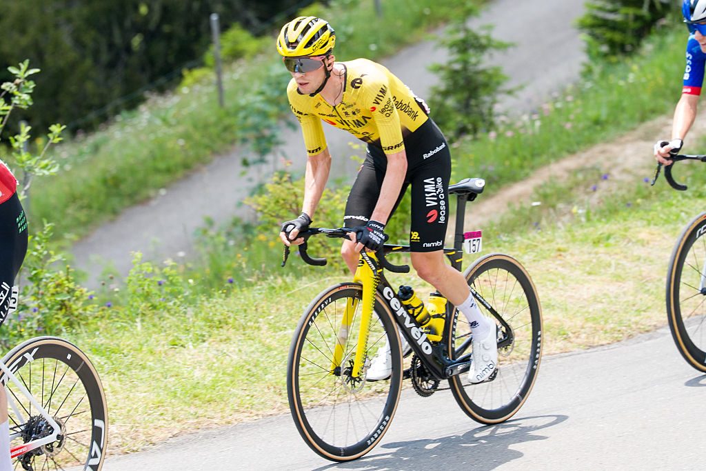 Team Visma–Lease a Bike rider on Cervélo S5 road bike.