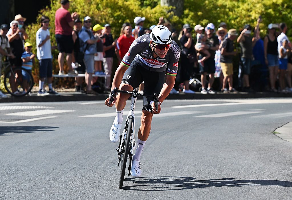Mathieu Van Der Poel of Netherlands and Team Alpecin - Deceuninck competes in the breakaway during the 112th Tour de France 2025, Stage 9.
