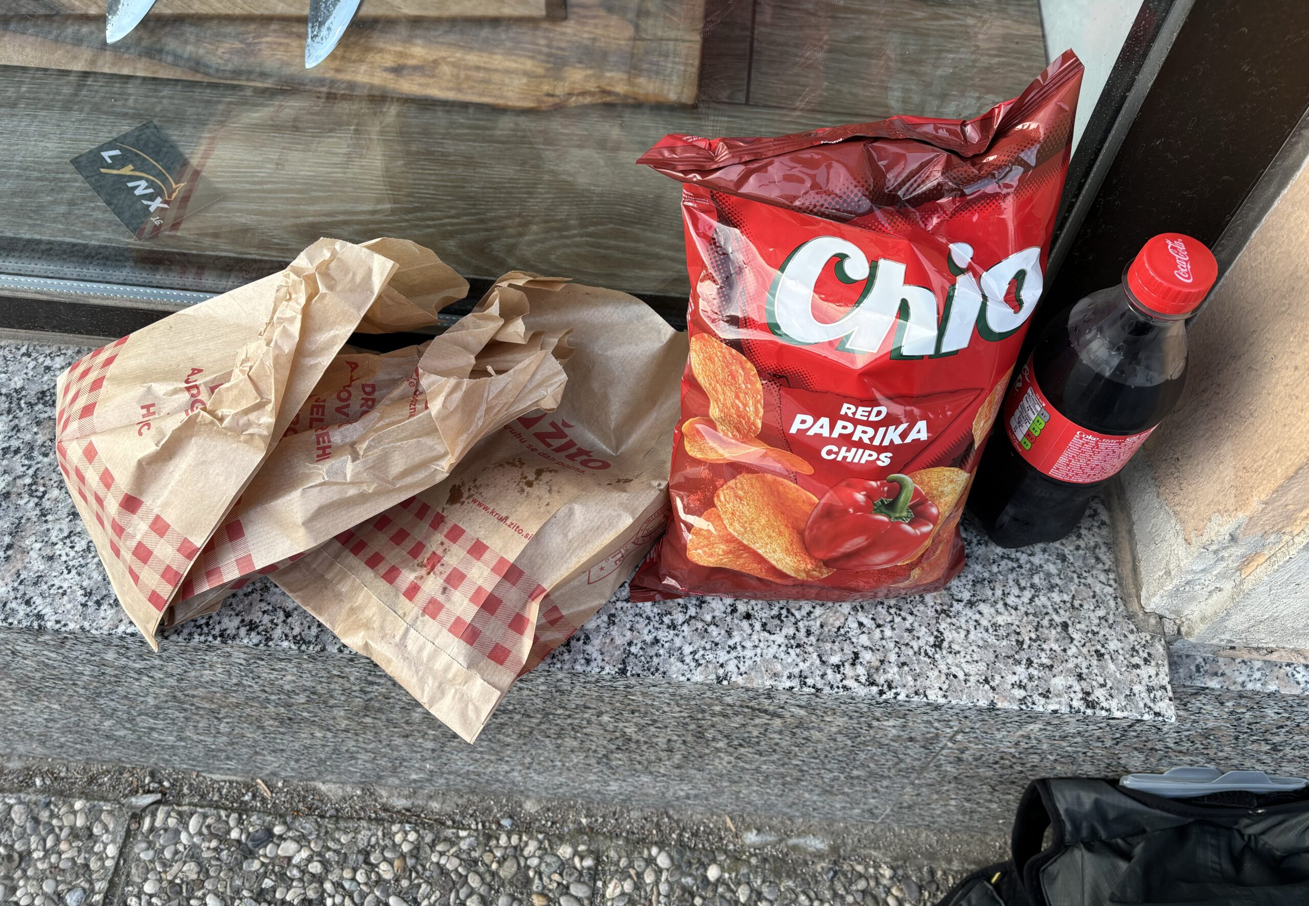Food and drink on a step