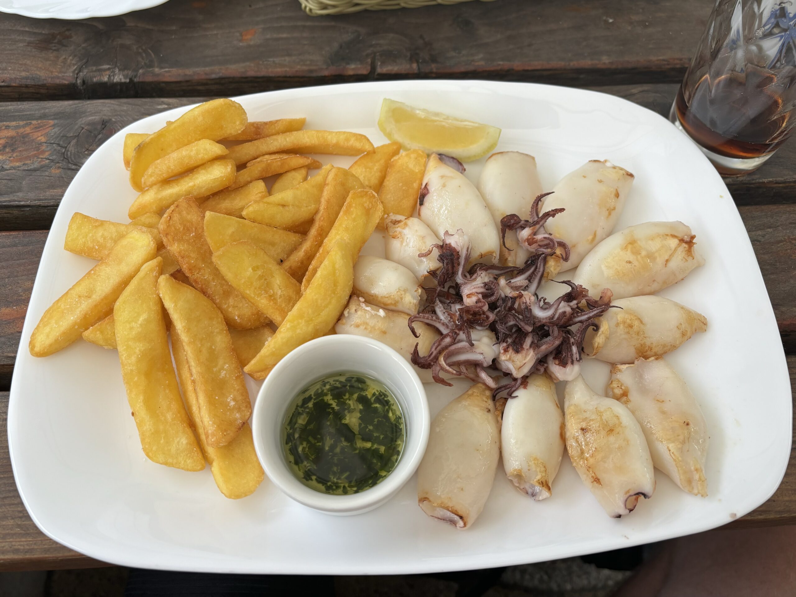 Calamari and chips on a plate 