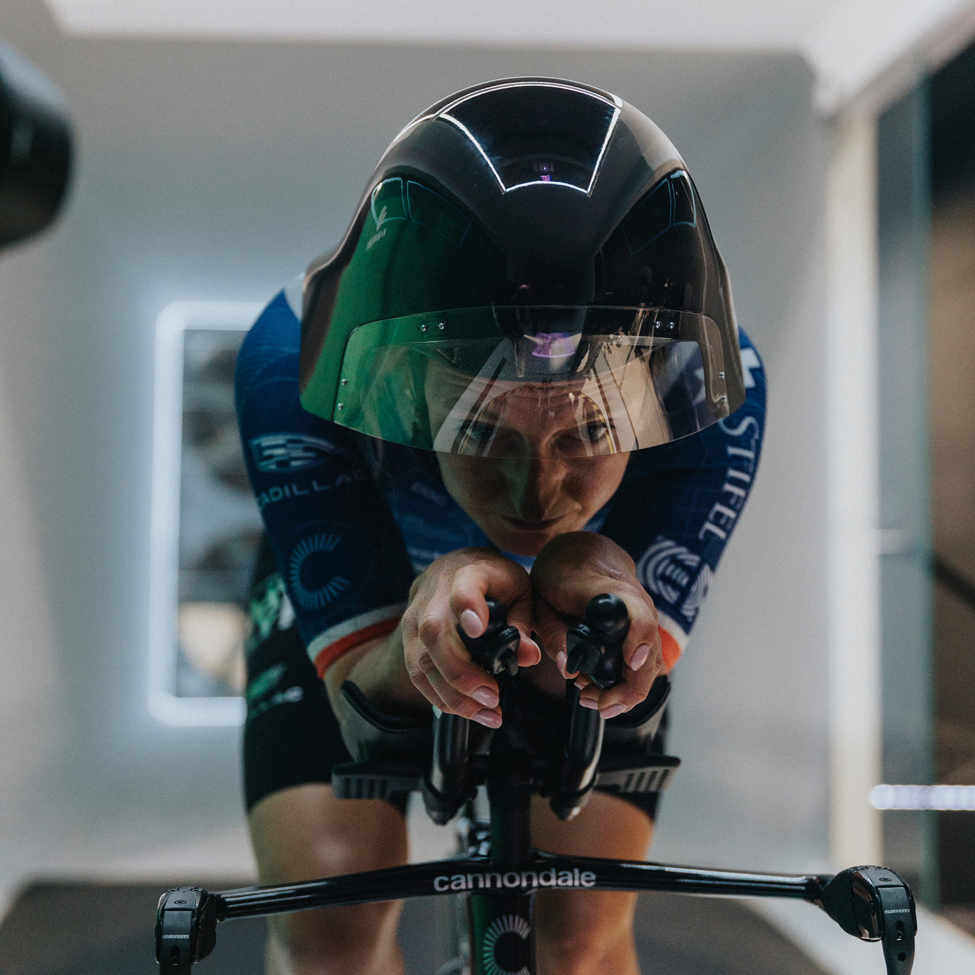 Person wearing POC Sonal helmet in wind tunnel.