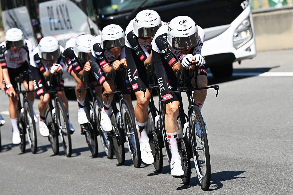 Tadej Pogačar's UAE team in team time trial training