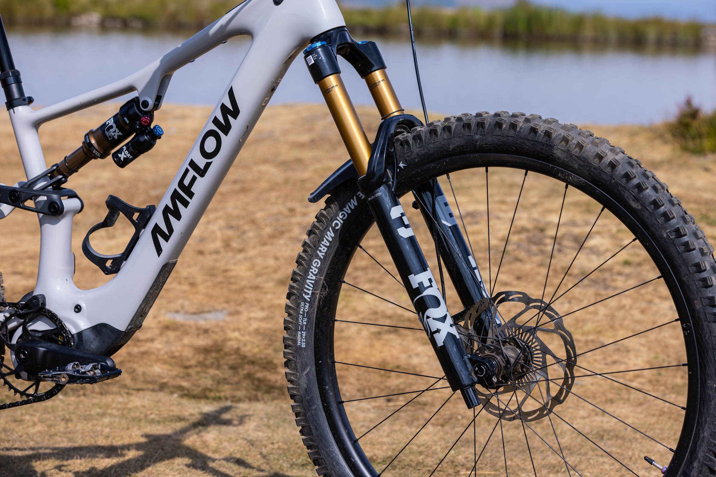 Close-up of the Amflow PX Carbon Pro’s Fox 36 Factory fork and Float X Factory rear shock