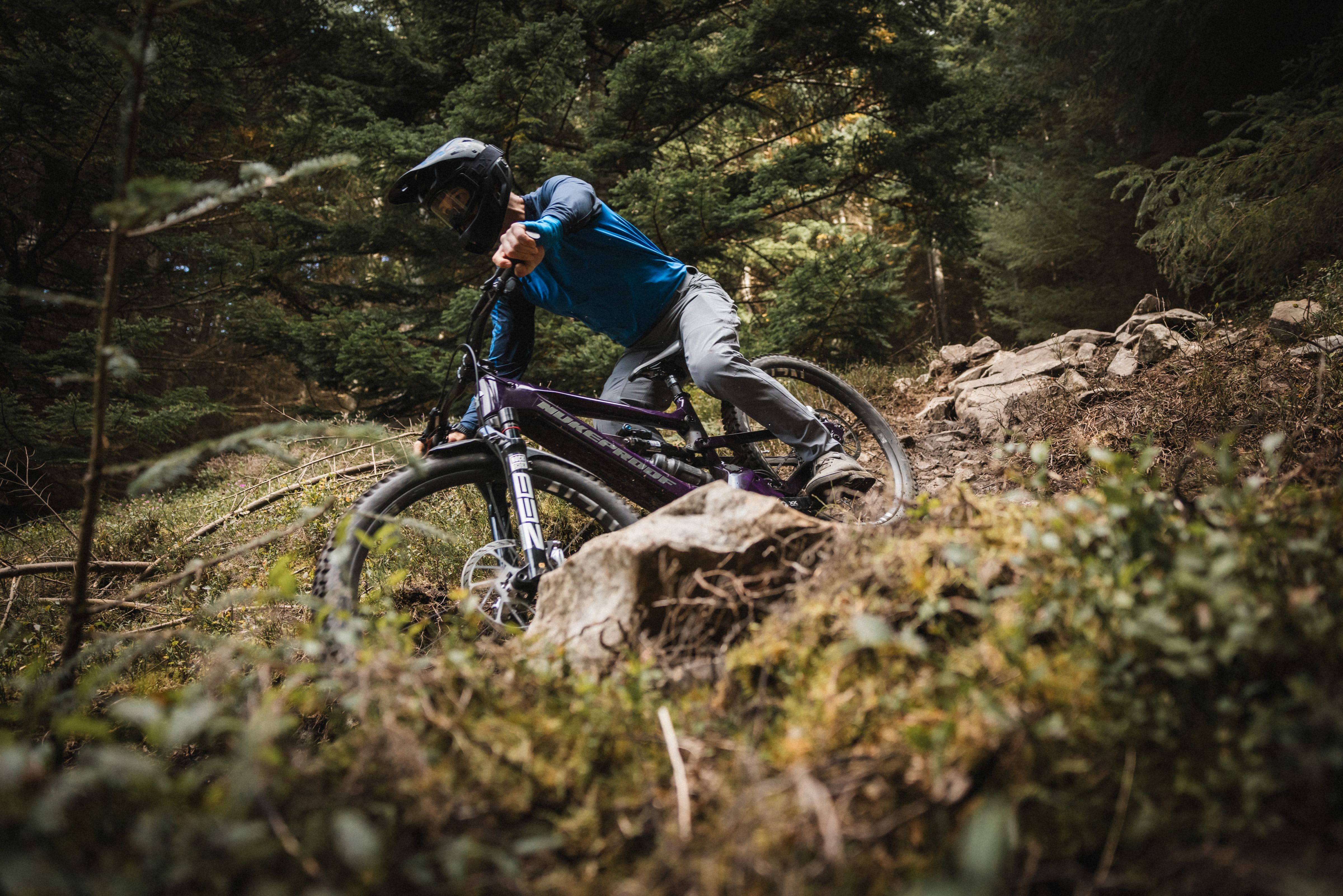 SRAM Eagle Powertrain electric mountain bike motor fitted to a Nukeproof Megawatt enduro eMTB ridden by Alex Evans, BikeRadar's senior technical editor on a mountain bike trail at the Golfie in the Scottish Borders, UK.
