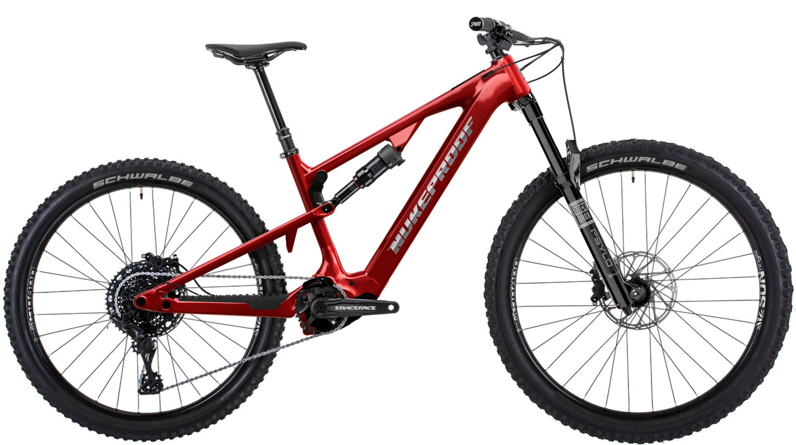 Nukeproof Kilowatt 297 Alloy Comp electric mountain bike in red, shown side-on on a white background.