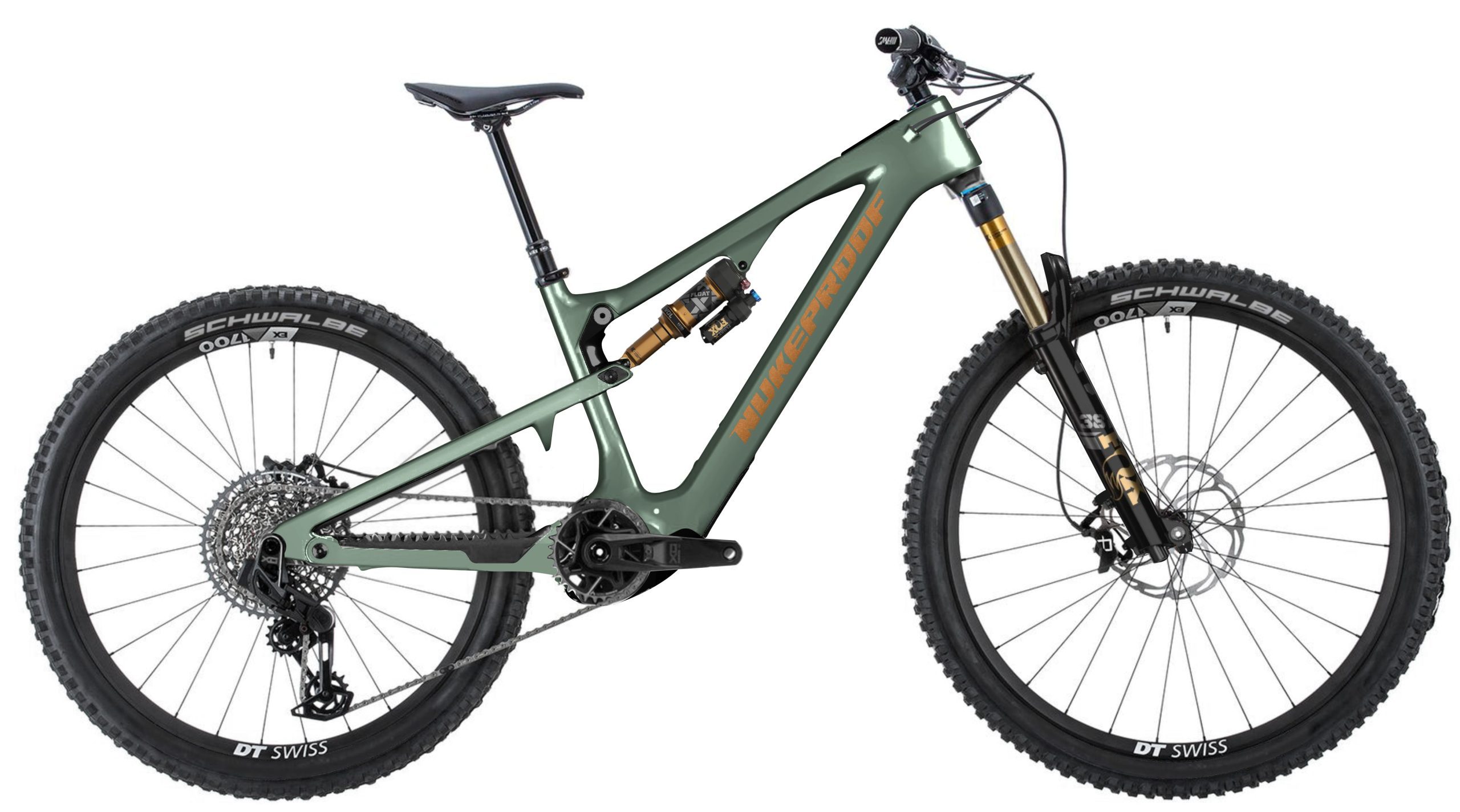 Nukeproof Kilowatt 297 Carbon Factory electric mountain bike in green, shown side-on on a white background.