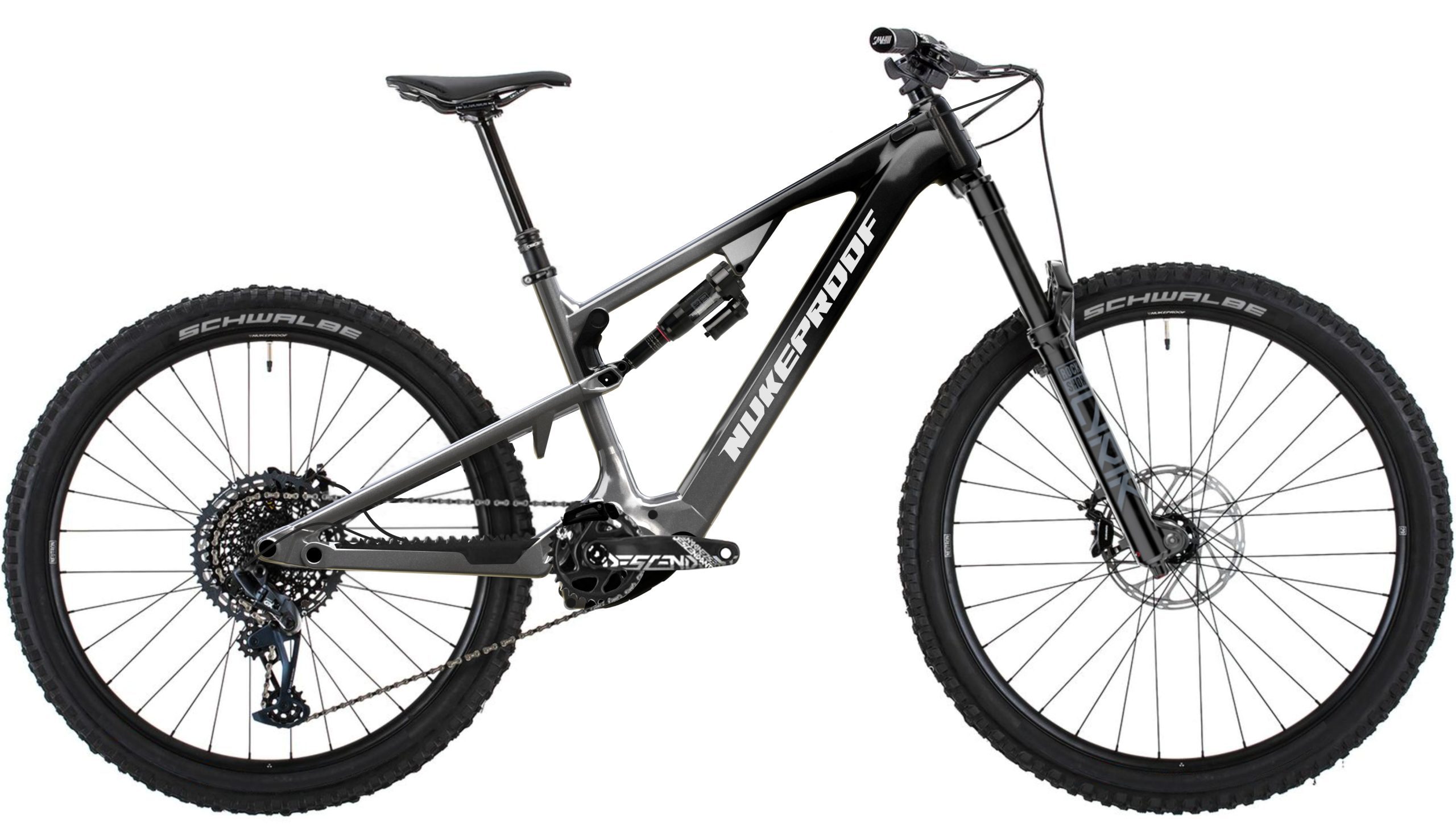 Nukeproof Kilowatt 297 Alloy Pro electric mountain bike in grey and black, shown side-on on a white background.