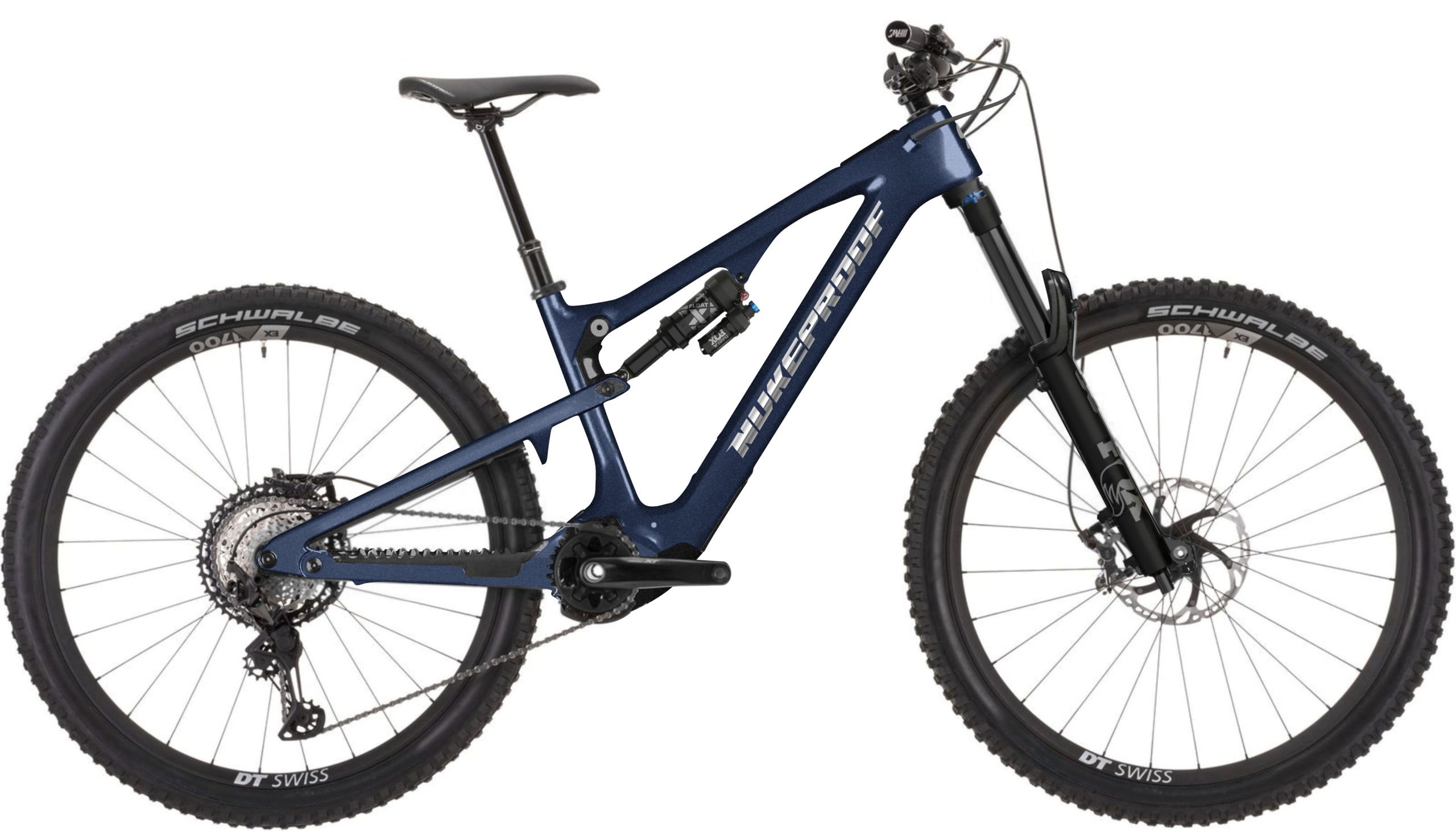 Nukeproof Kilowatt 297 Carbon Expert electric mountain bike in blue, shown side-on on a white background.