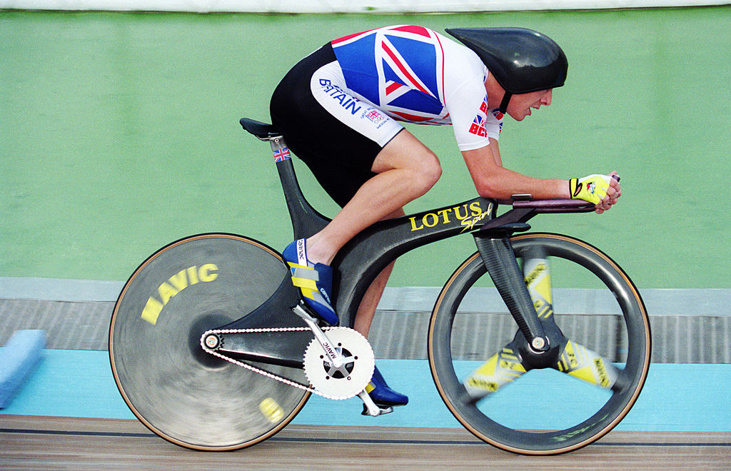 Chris Boardman of Great Britain in action on his Lotus Superbike during the 4000 metres Individual Pursuit final in the Velodrome at the 1992 Olympic Games in Barcelona, Spain. Boardman won the gold medal on July 28 1992