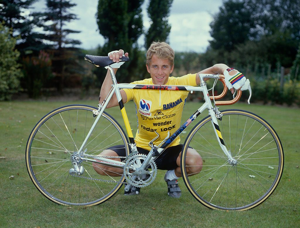 Greg LeMond poses with his yellow jersey after winning the 1986 Tour de France. (Photo by Graham Watson/Getty Images)