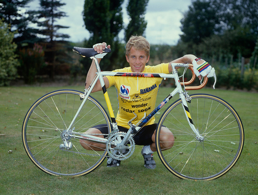 Greg LeMond poses with his yellow jersey after winning the 1986 Tour de France. (Photo by Graham Watson/Getty Images)