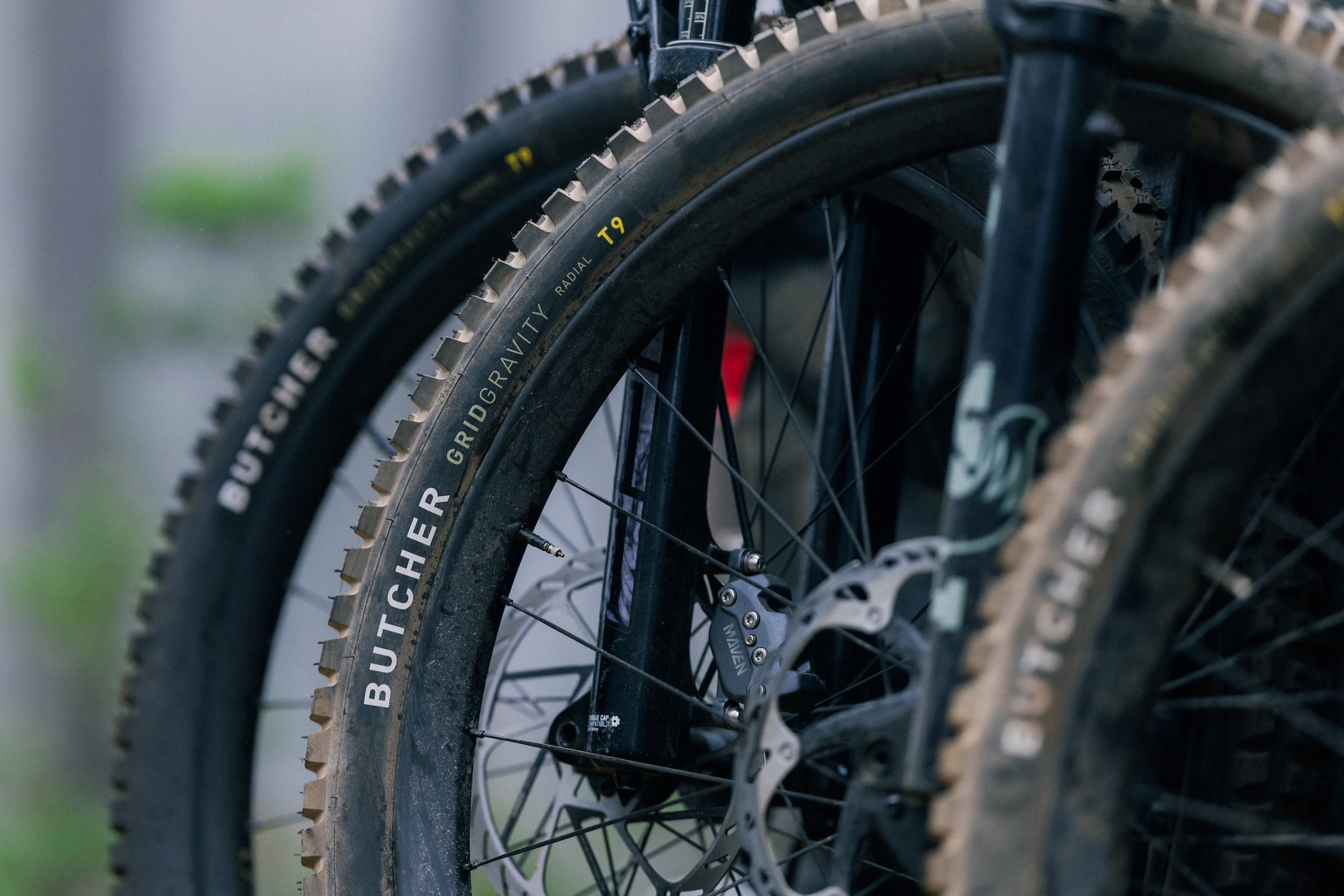 Close-up of Specialized Butcher Grid Gravity Radial T9 mountain bike tyre mounted on a front wheel