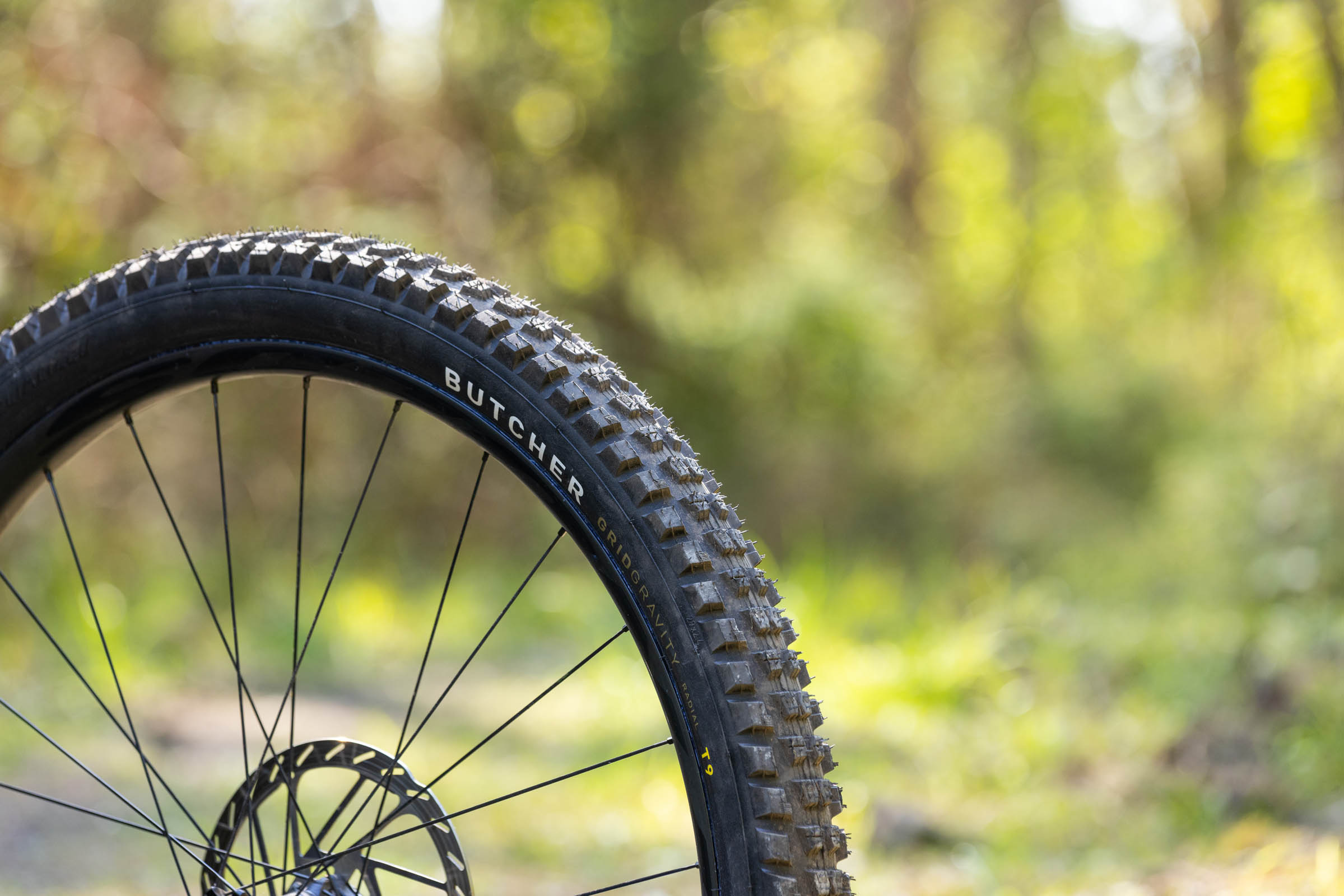 Specialized Butcher Grid Gravity Radial T9 mountain bike tyre mounted on a wheel in woodland.