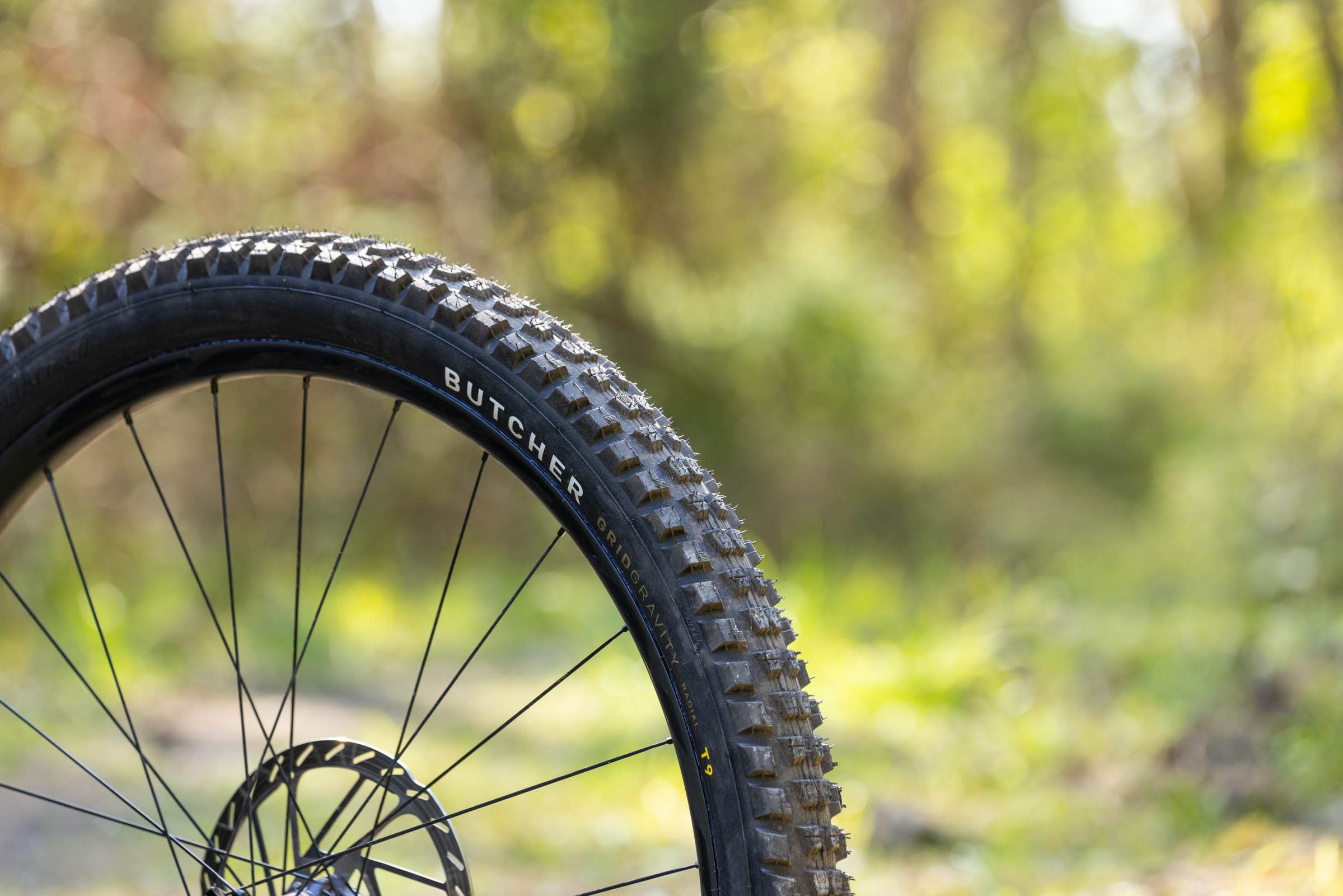 Specialized Butcher Grid Gravity Radial T9 mountain bike tyre mounted on a wheel in woodland.