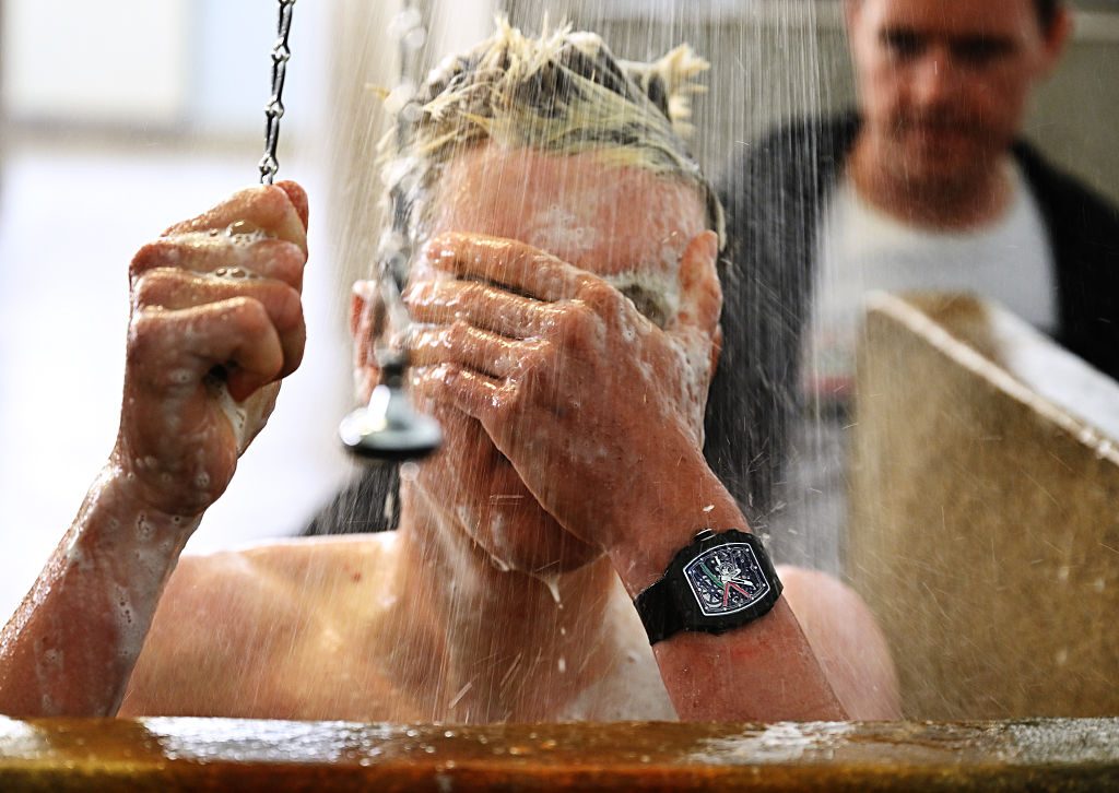 Tadej Pogacar in the Paris-Roubaix showers