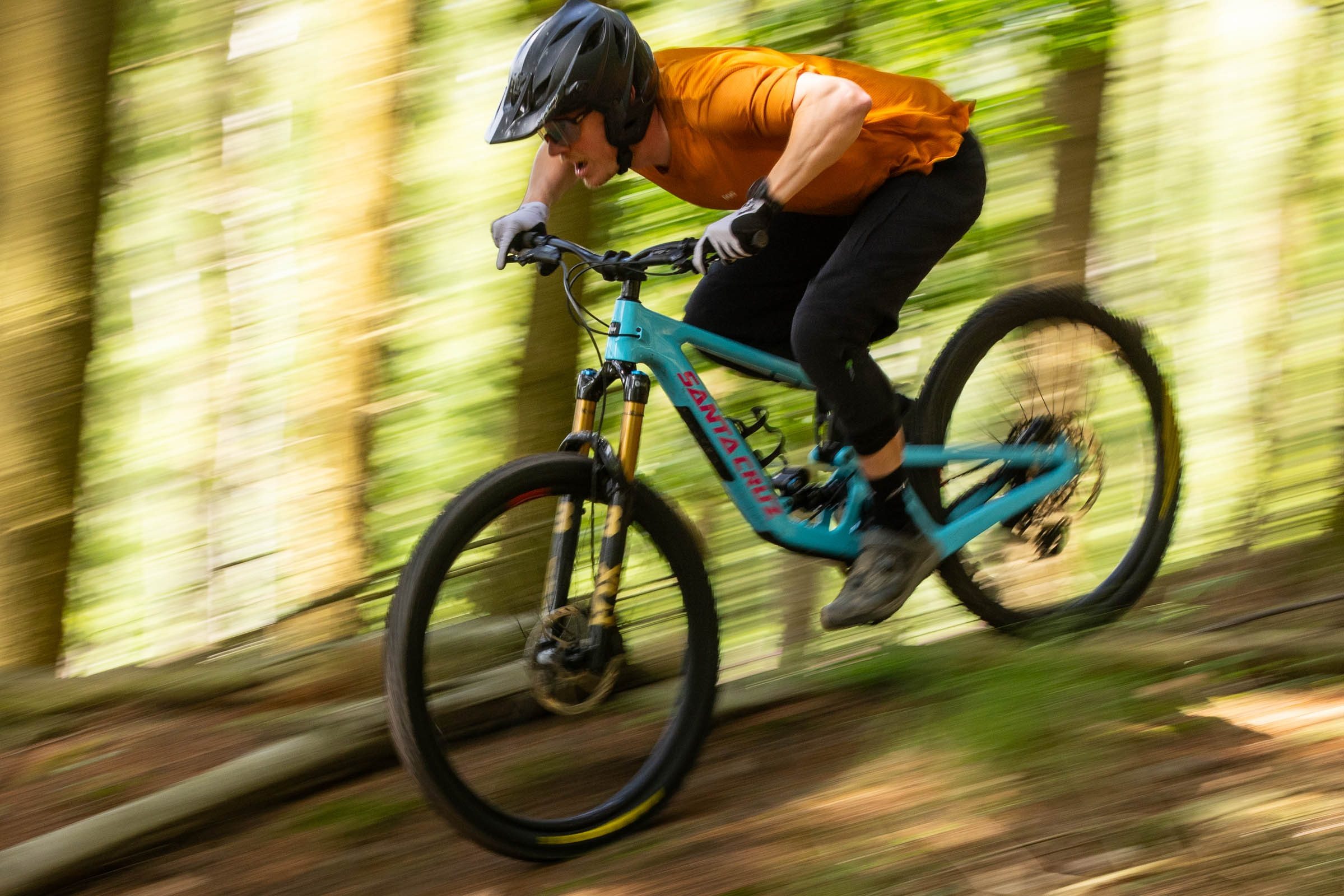 Rider compressing the bike at speed through a rooty compression.