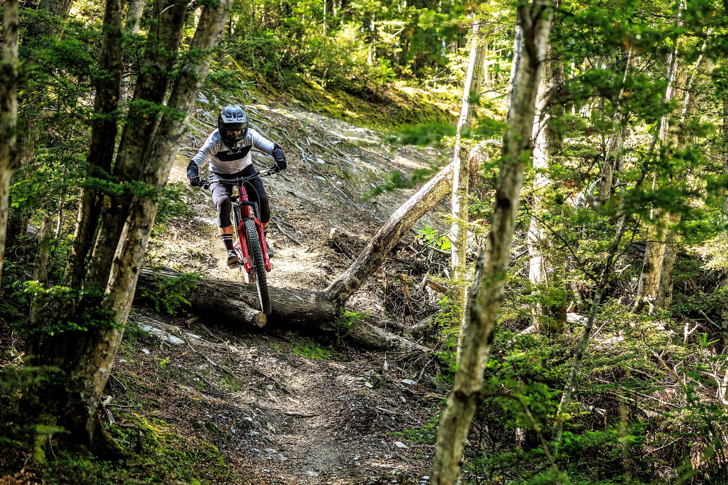 Rider dropping off over fallen tree in full face helmet and riding a Santa Cruz Bronson with RockShox ZEB fork.