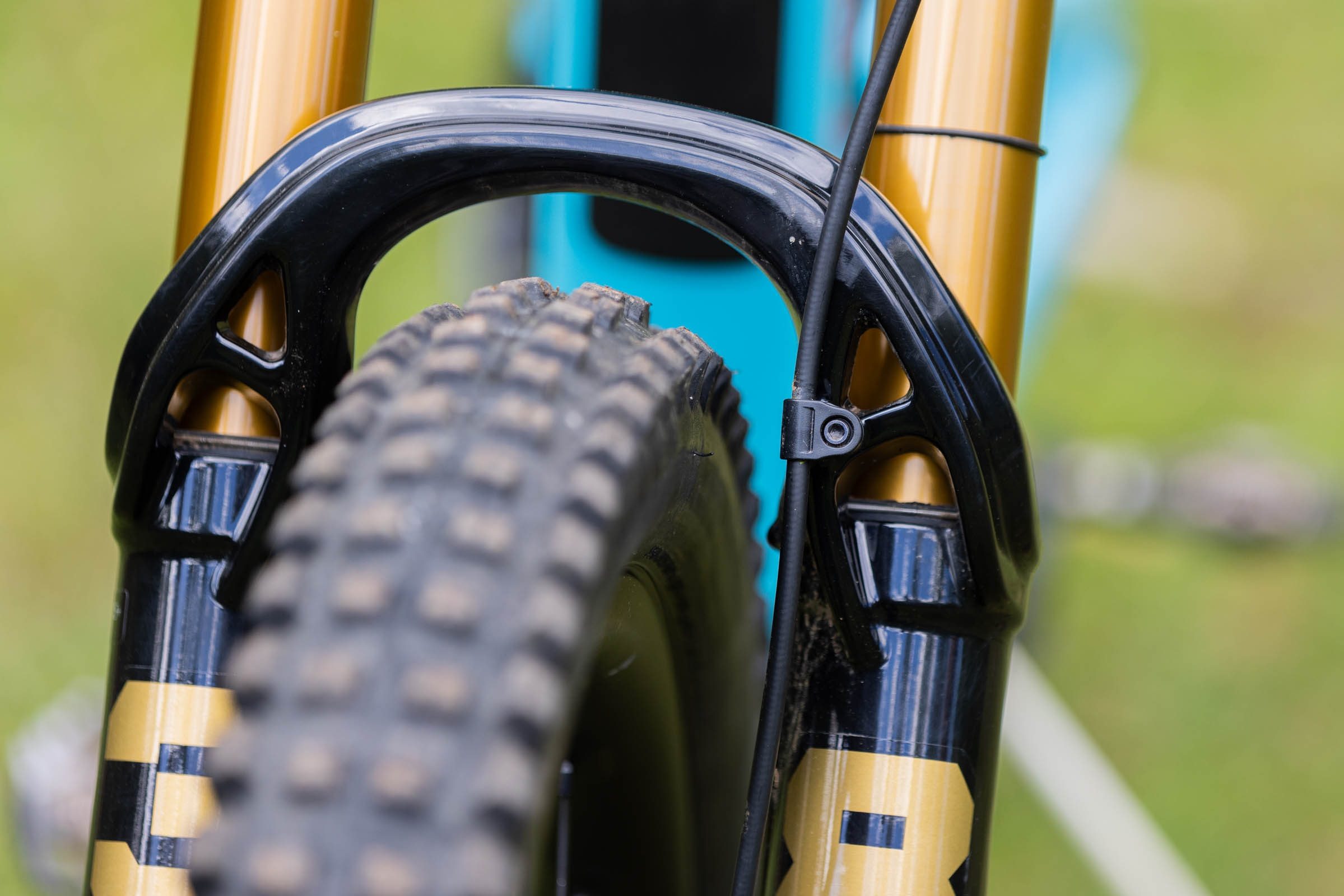 Close up shot showing the Fox 38's lower leg fork arch in detail.