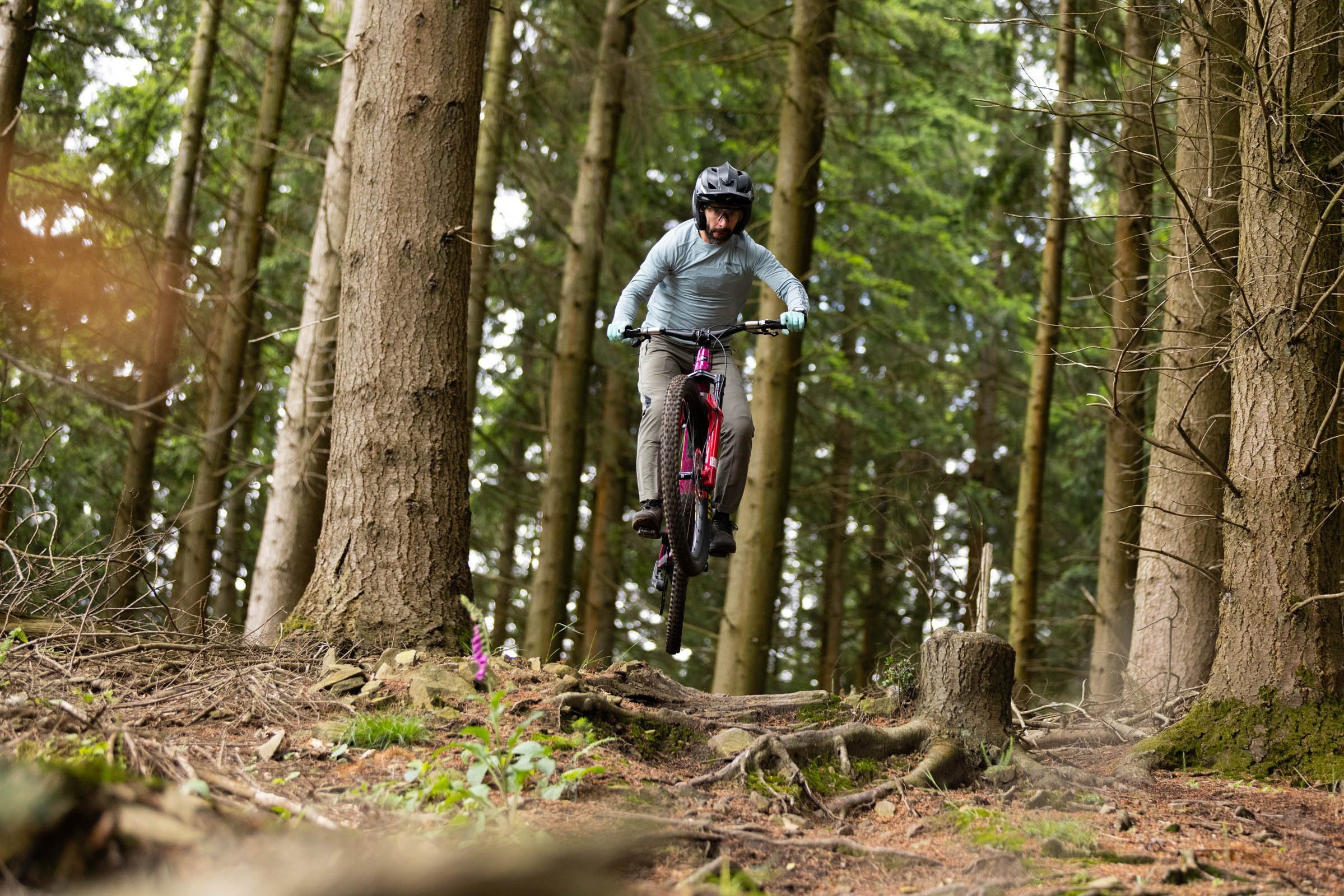 Rider jumping into a mass of matted roots.