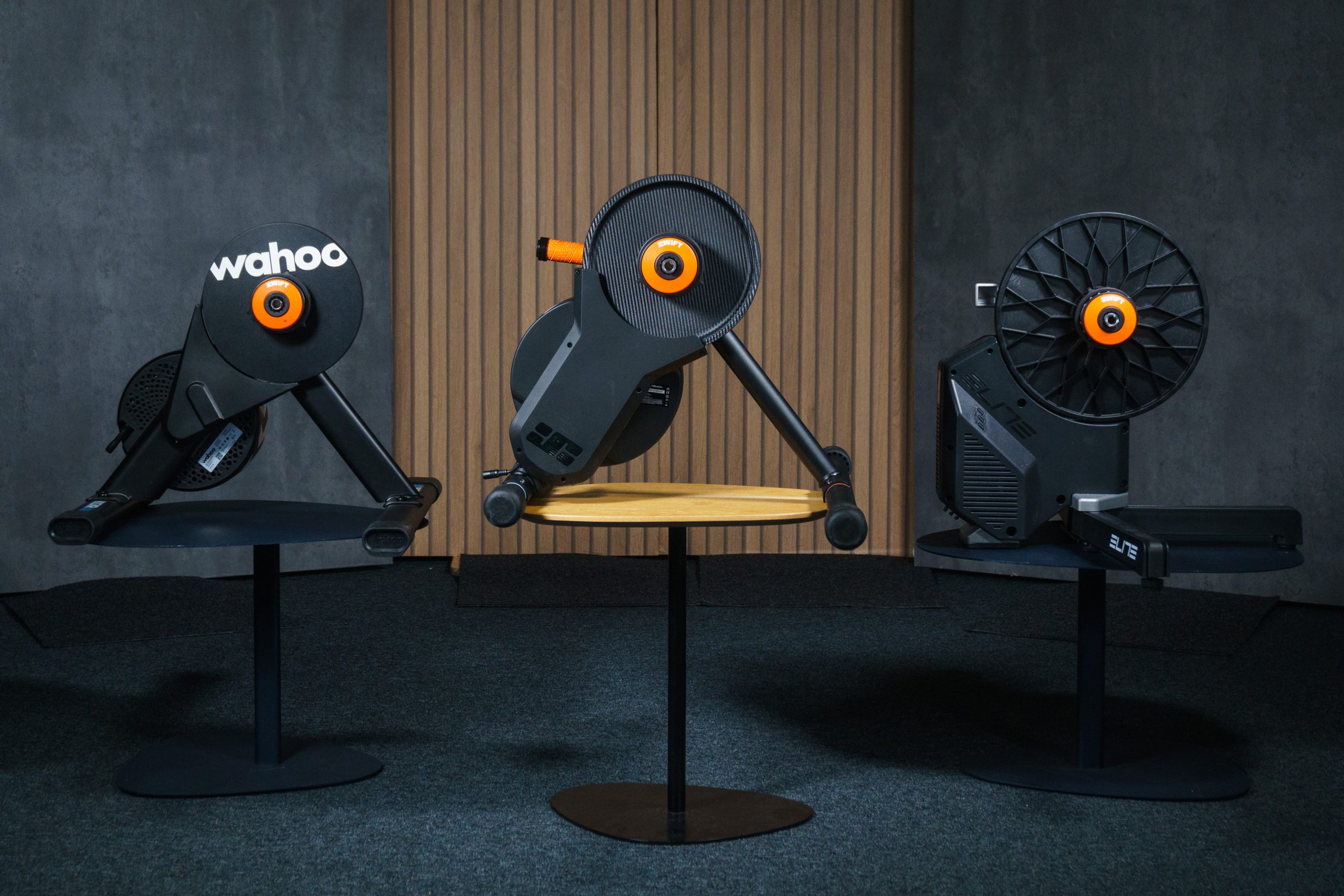 Wahoo Kickr Core 2, JetBlack Victory and Elite Rivo smart trainers on podium tables