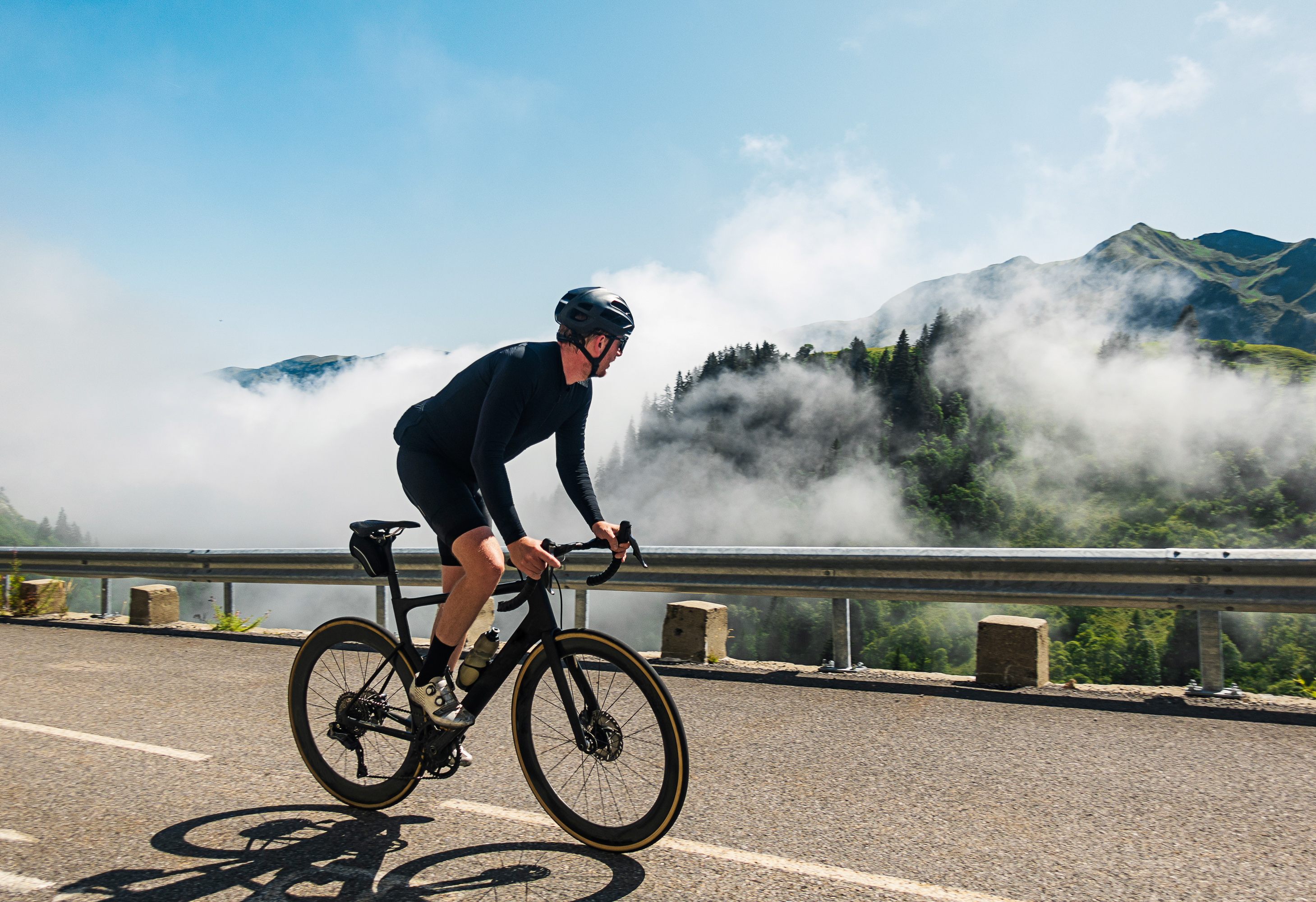 Cyclist on the Col de la Colombiere in the French Alps