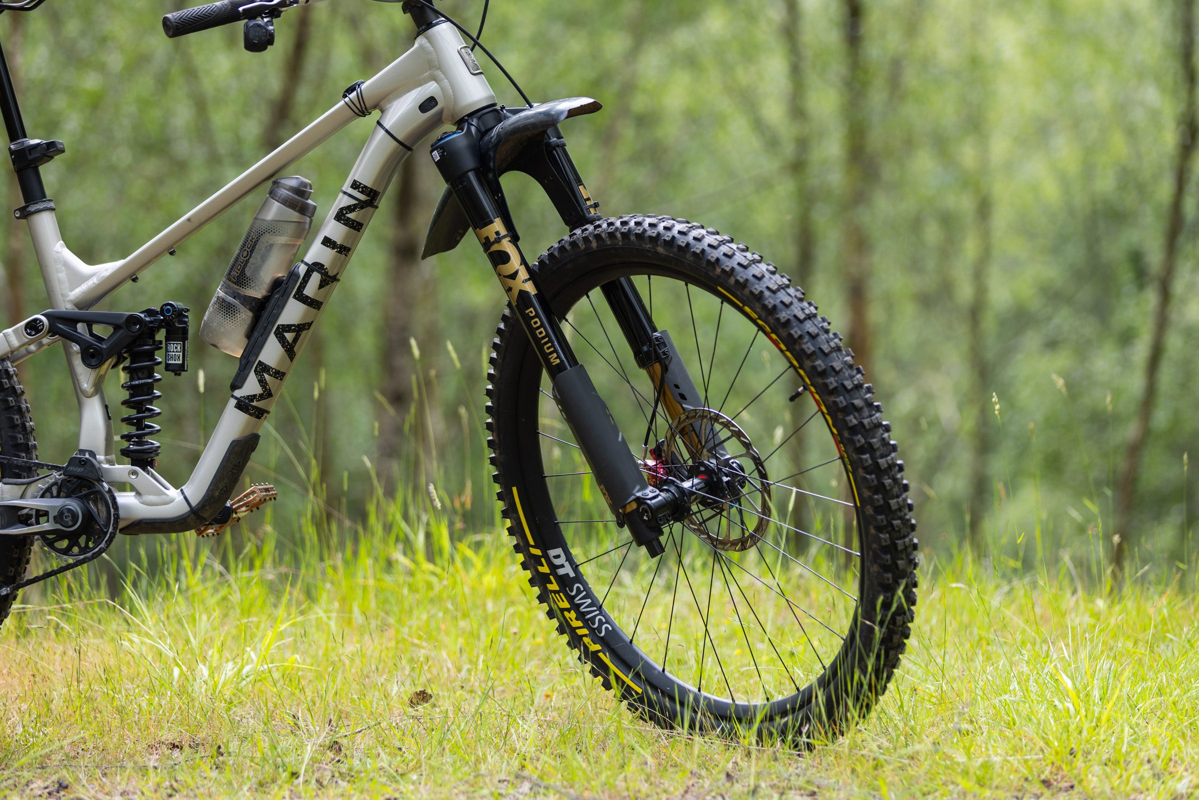 Fox Podium Factory upside down mountain bike suspension fork fitted to a Marin Alpine Trail XR enduro bike