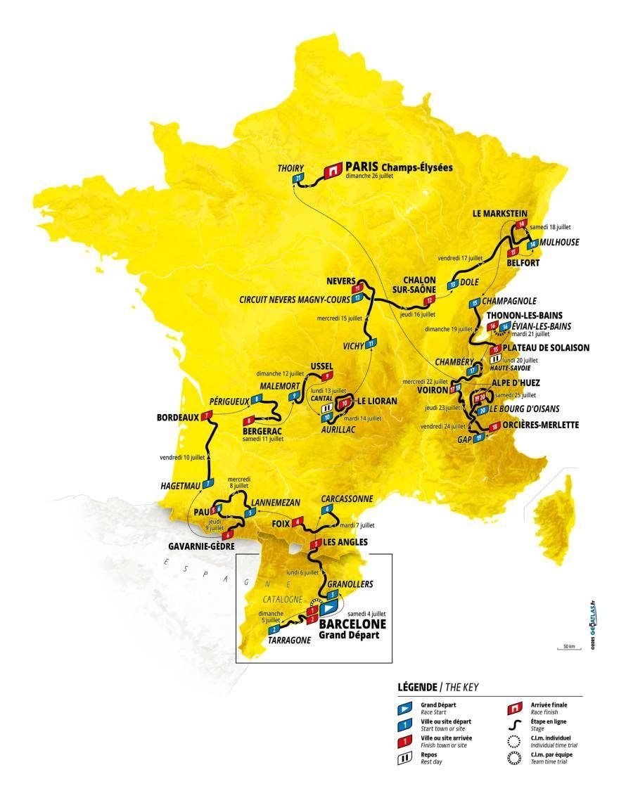 Map of France showing the 2026 Tour de France route.