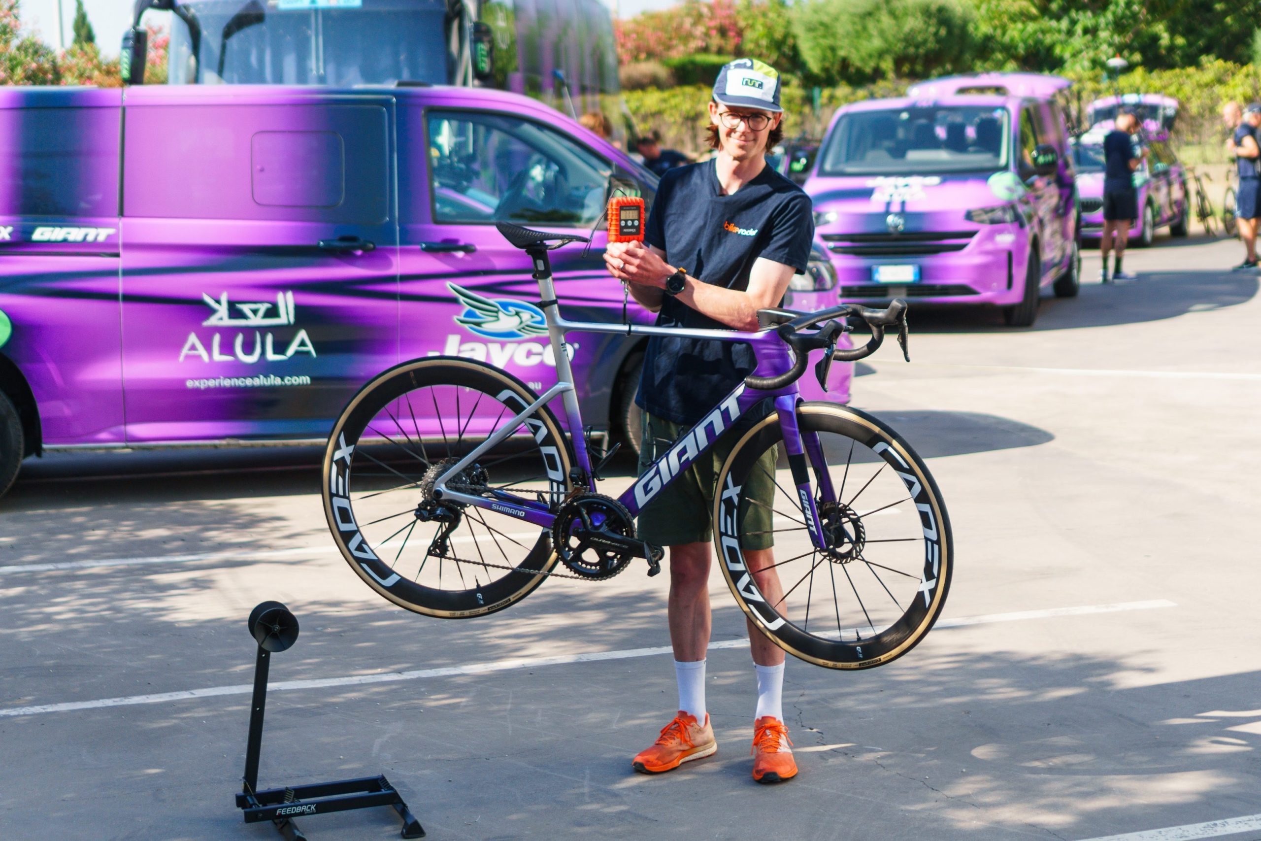 Simon von Bromley weighing Luke Plapp Giant Propel Advanced SL at the 2026 Tour de France