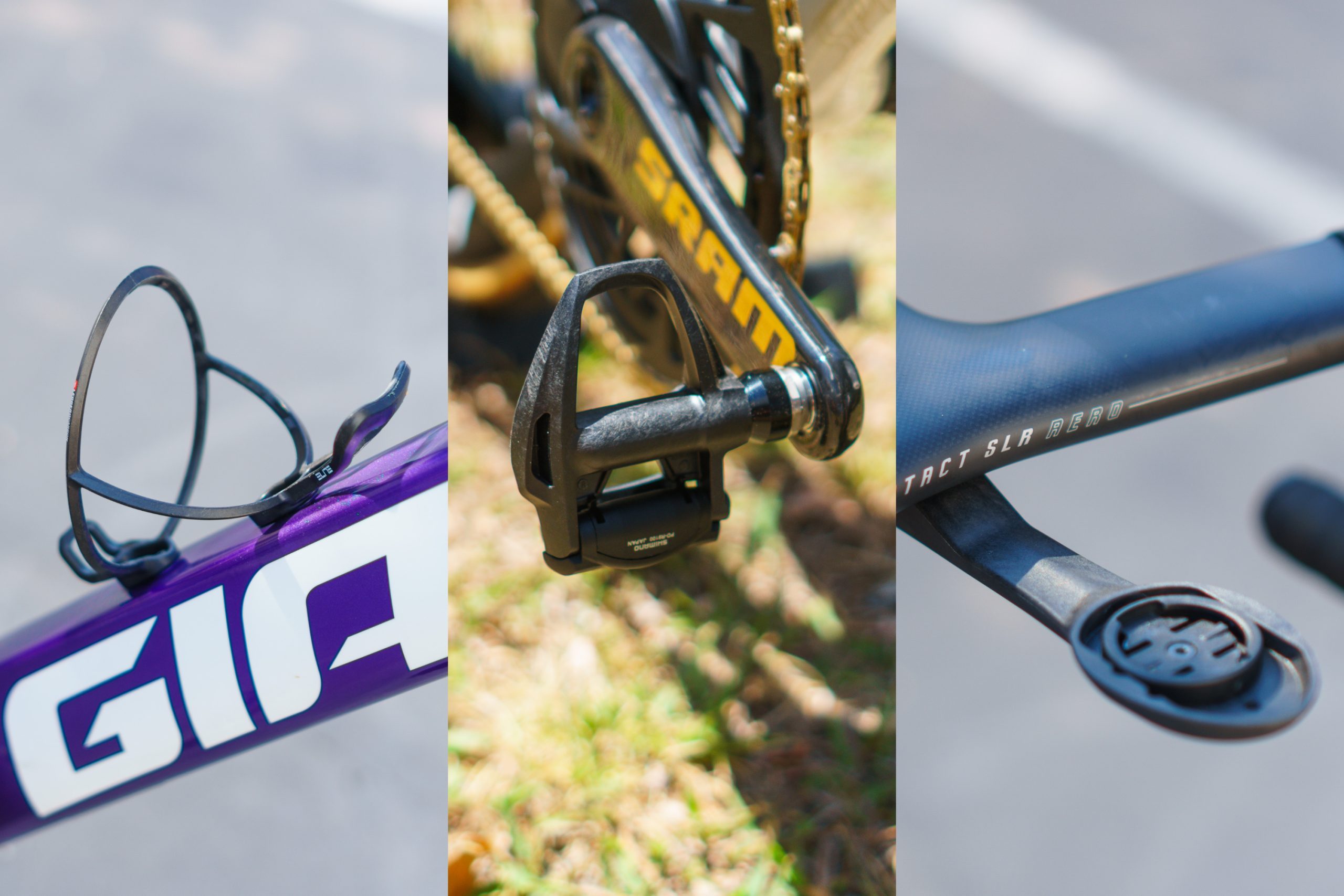 Bottle cage, pedals and a bike computer mount on pro bikes at the 2026 Tour de France