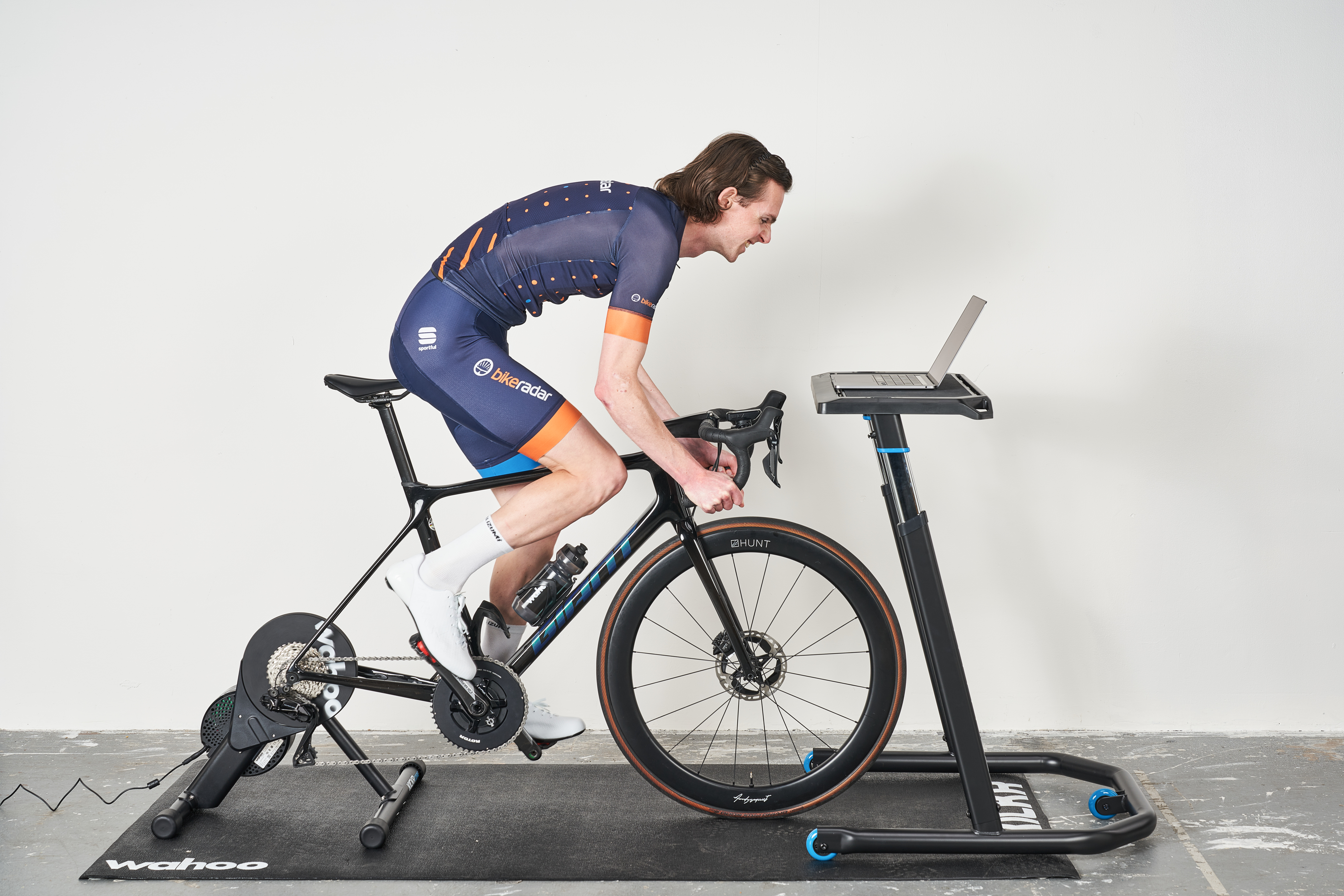 Simon von Bromley of BikeRadar riding a Giant TCR road bike on a Wahoo Kickr Core smart trainer